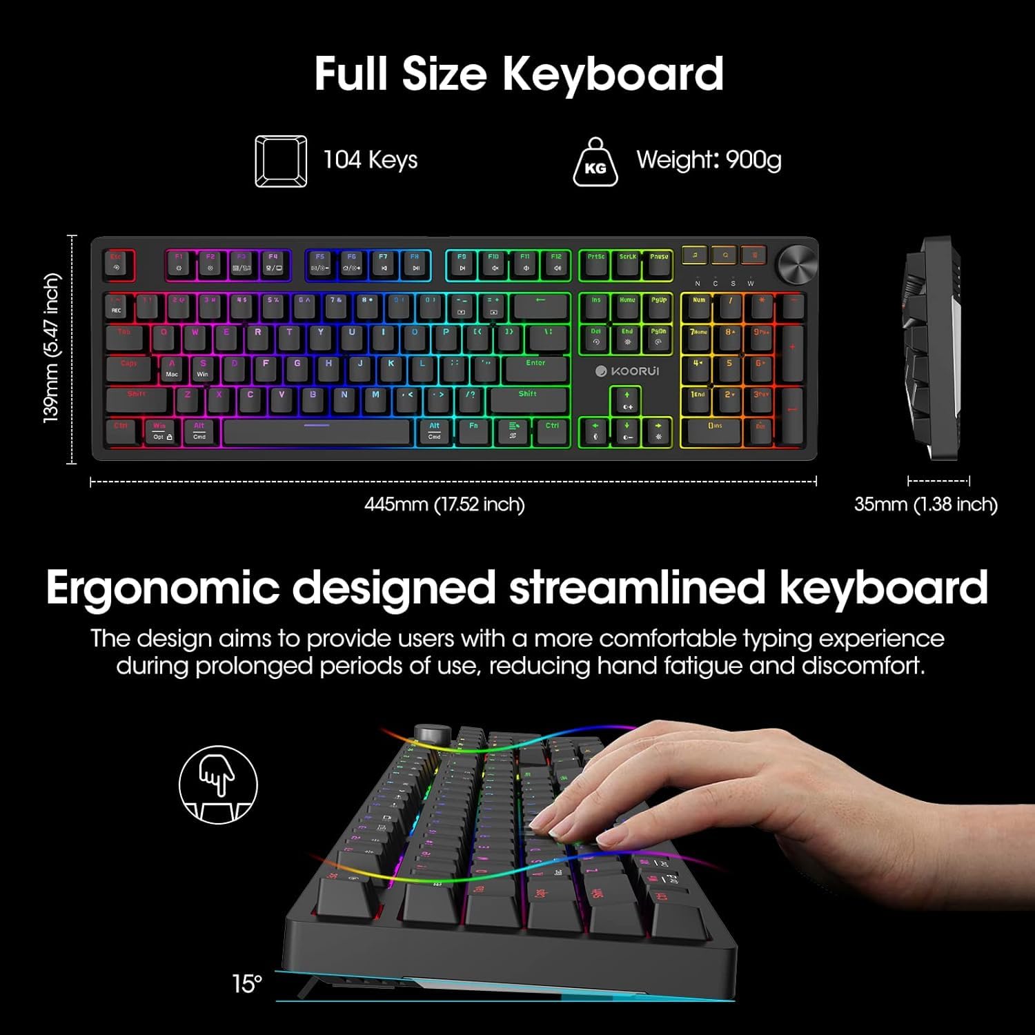 KOORUI Wired Gaming Keyboard - Full Size Ergonomic Mechanical Keyboard with 12 Shortcut Keys & RGB Backlit for PC, Laptop, Windows, Mac (Black) - Perfect for Gaming, Office Work & Typing