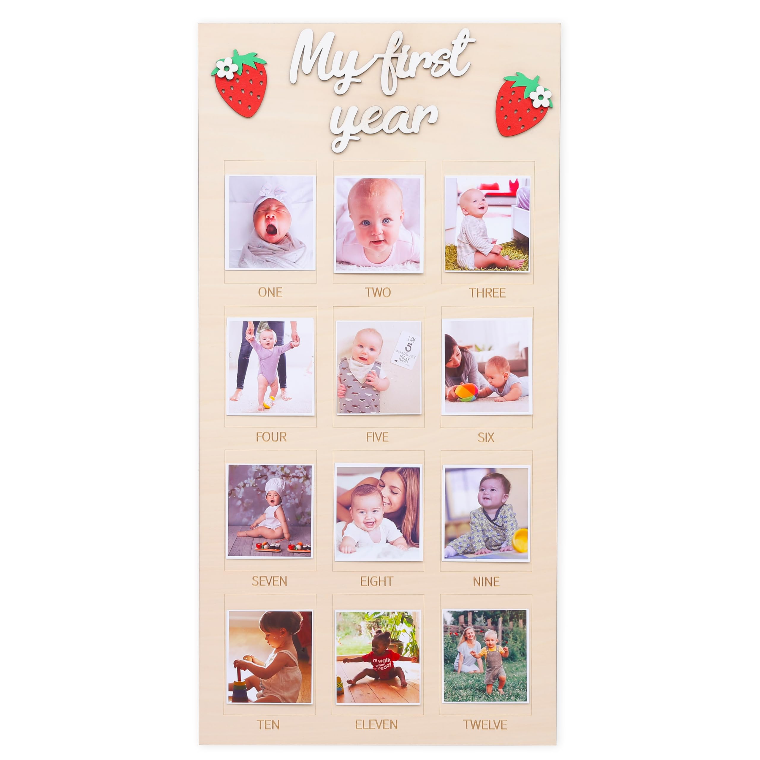 WAUAO 1st Birthday Photo Board - Strawberry Themed Wooden Milestone Decor for Baby's First Birthday | 12 Monthly Photo Props, Berry Inspired Nursery Decor | Perfect for Birthday Parties, Baby Showers & Nursery Room Decorations