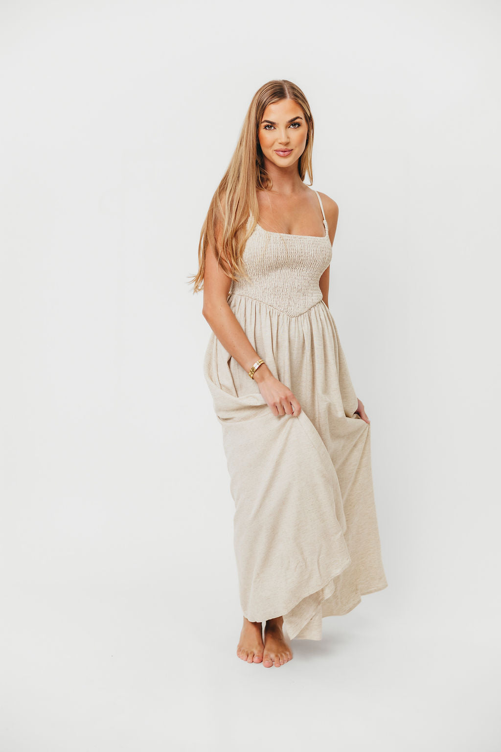 Josefina Smocked Maxi Dress in Natural - Bump Friendly Maternity Dress for Pregnancy & Nursing | Perfect for Baby Showers, Beach Vacations & Summer Weddings