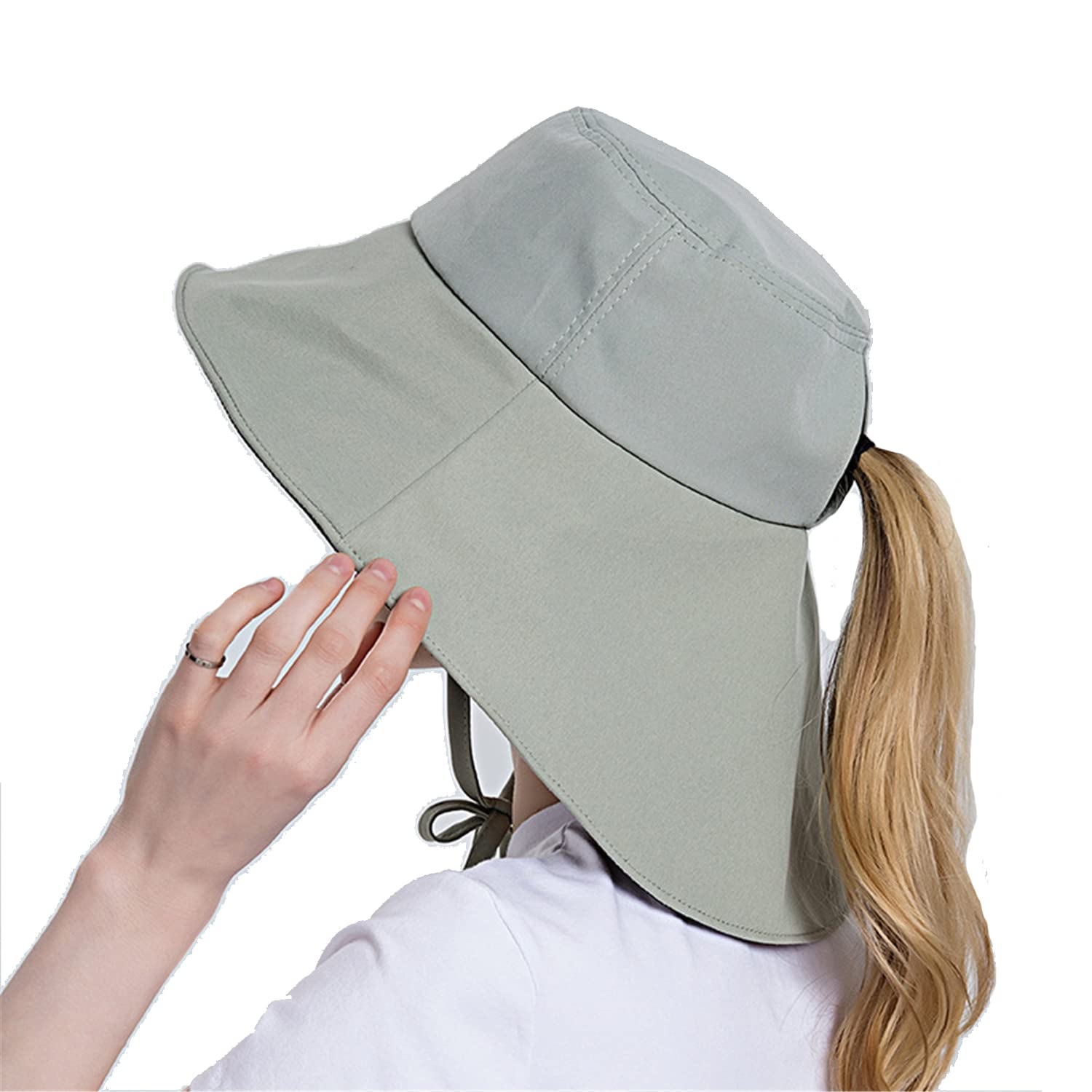 Women's Wide Brim Sun Hat with UPF 50+ UV Protection - Foldable Ponytail Bucket Cap for Beach, Outdoor, Hiking & Summer Travel - Lightweight Sun Protection Coating