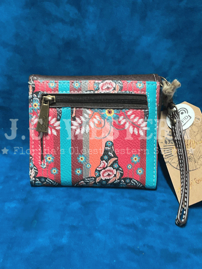 Women's Steer Head Print Mini Wallet - Turquoise & Coral Cowhide Leather Clutch for Everyday Use, Travel & Parties