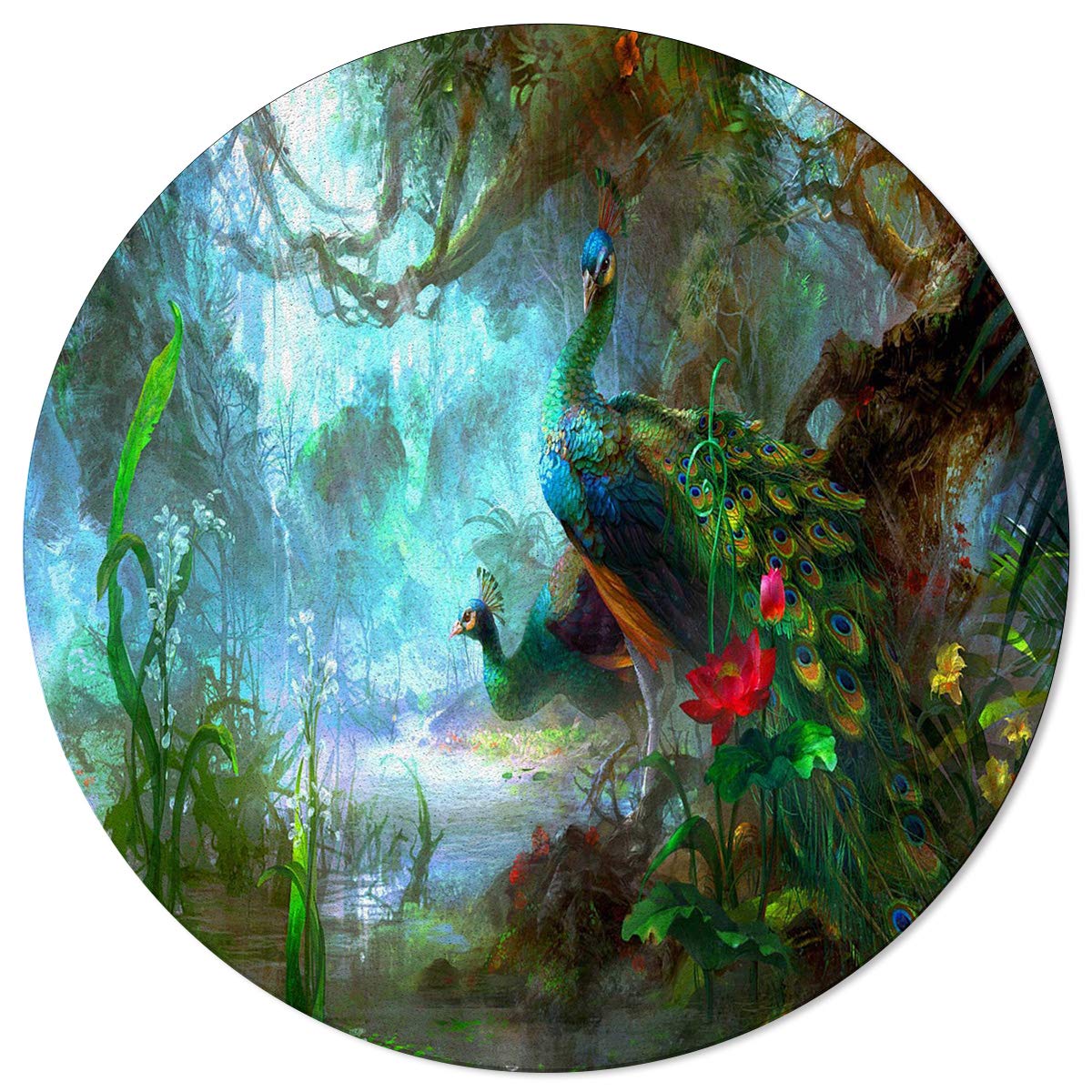 Stylish Peacock Forest Area Rug - 6FT Round Washable Indoor/Outdoor Carpet for Kids & Teens - Perfect for Bedroom, Living Room, Dorm Decor - Green Animal Print Accent Floor Mat for Home & Office Use