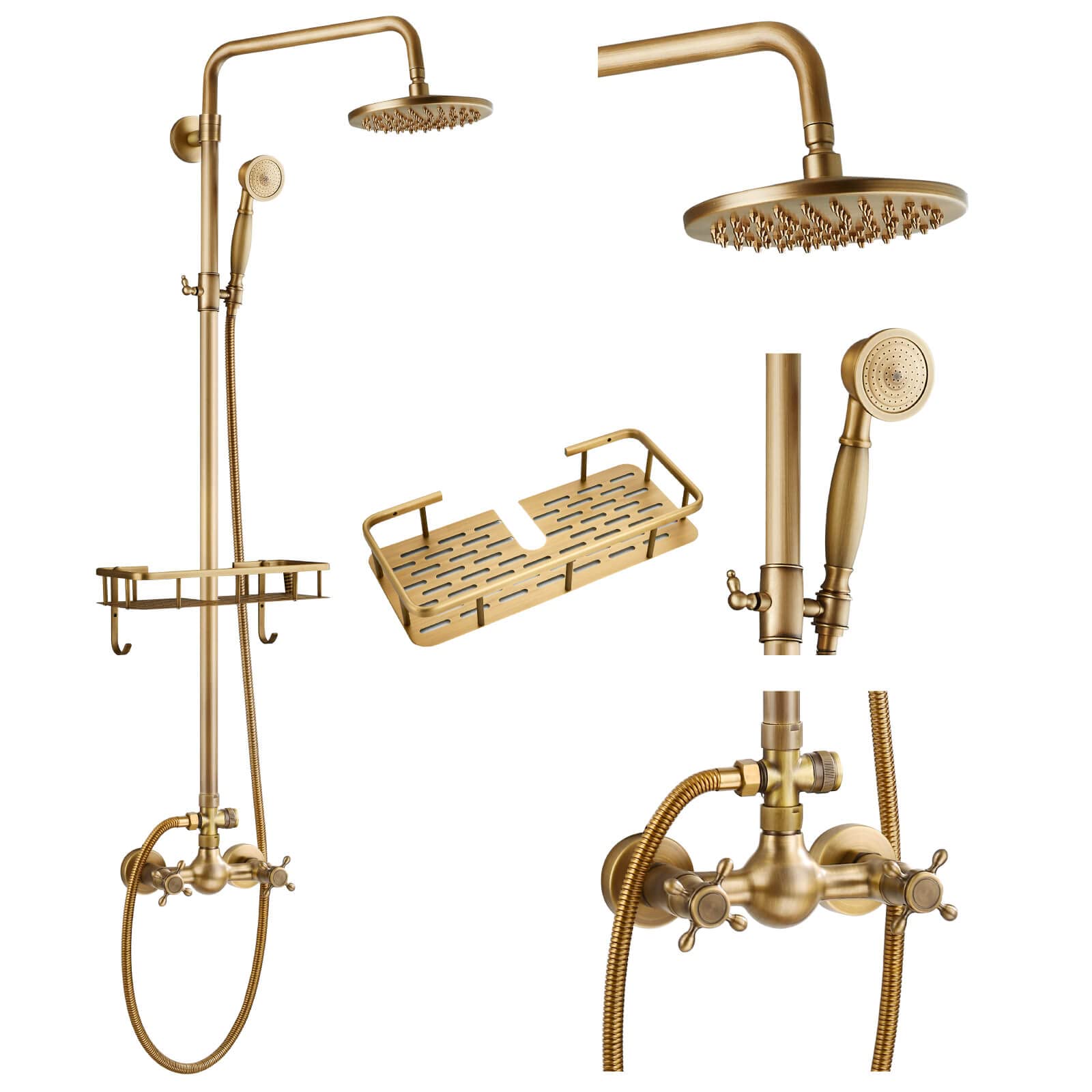Gotonovo 8 Inch Antique Brass Rainfall Shower System - Wall Mounted Bathroom Faucet with Adjustable Handheld Sprayer, Shower Shelf & Double Cross Handles | Perfect for Vintage Style Bathrooms & Spa-Like Shower Experience