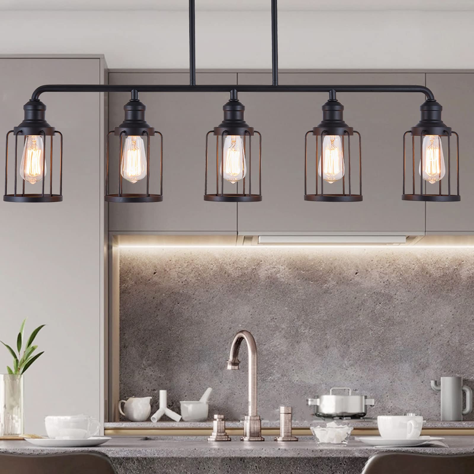 5-Light Black Metal Linear Pendant Light Fixture for Kitchen Island, Dining Room & Living Room - Modern Cage Style Lighting for Home Decor & Interior Design