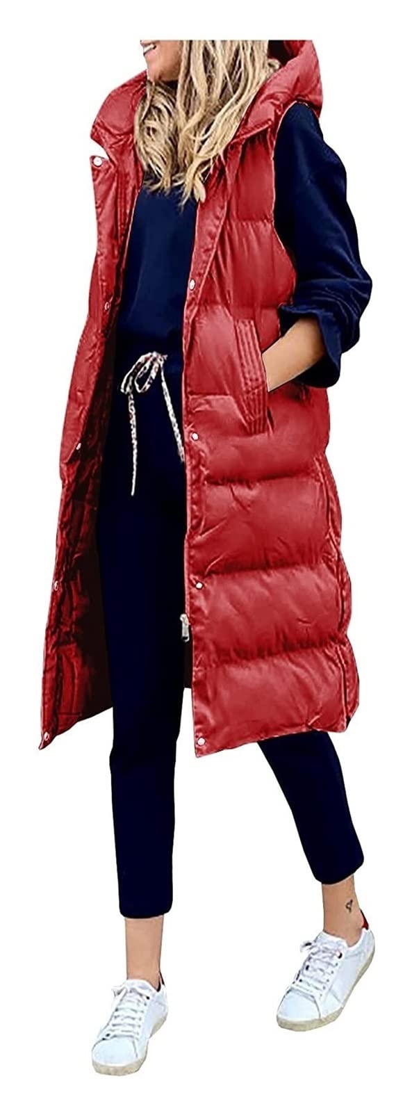 Women's Long Sleeveless Down Hooded Vest - Warm Winter Waistcoat Jacket for Outdoor Activities, Travel & Cold Weather Fashion