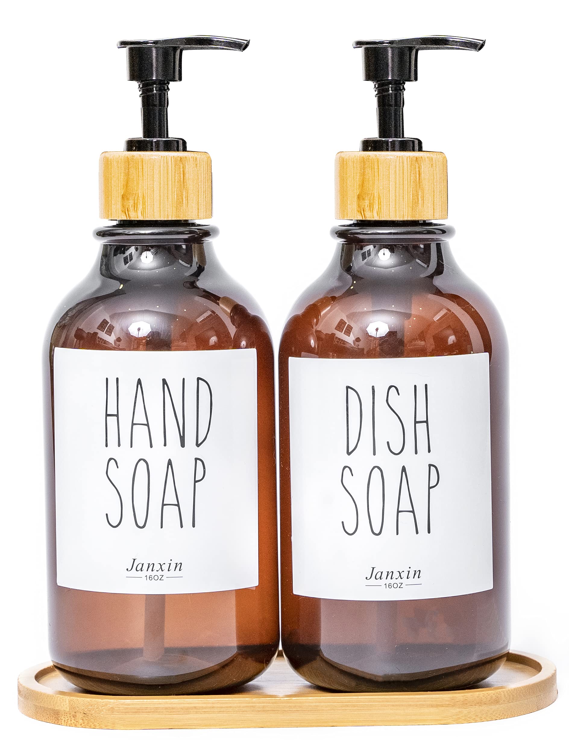 Janxin Bamboo Pump Soap Dispenser Set with Waterproof Labels - Kitchen & Bathroom Hand Soap, Dish Soap, Shampoo Dispenser with Tray (Amber) | Perfect for Countertop Organization & Liquid Soap Storage
