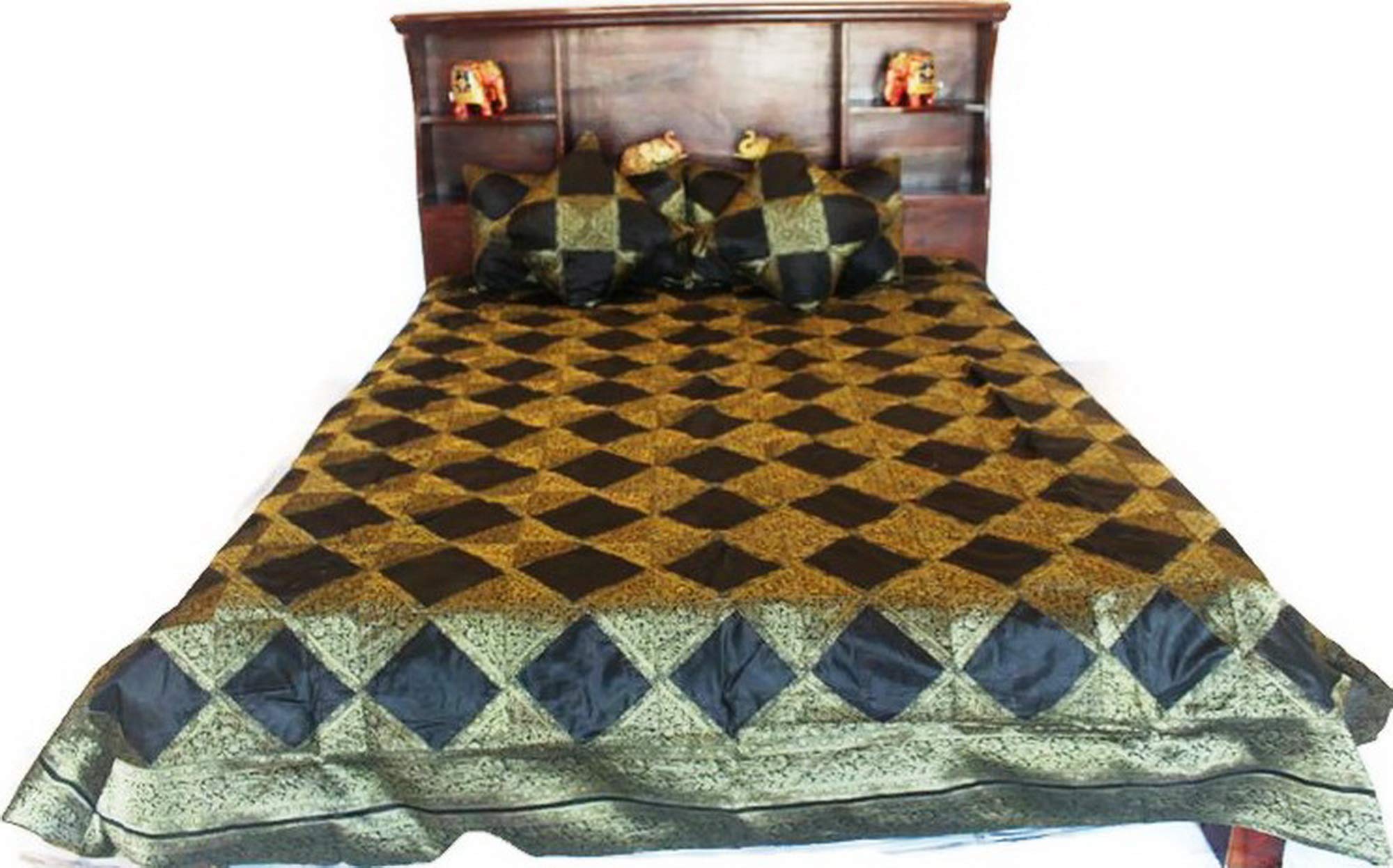 Luxury King Size Silk Bed Sheet Set with Indian Brocade Design - Includes Pillowcases & Cushion Covers - Perfect for Master Bedroom, Guest Room & Luxury Hotels