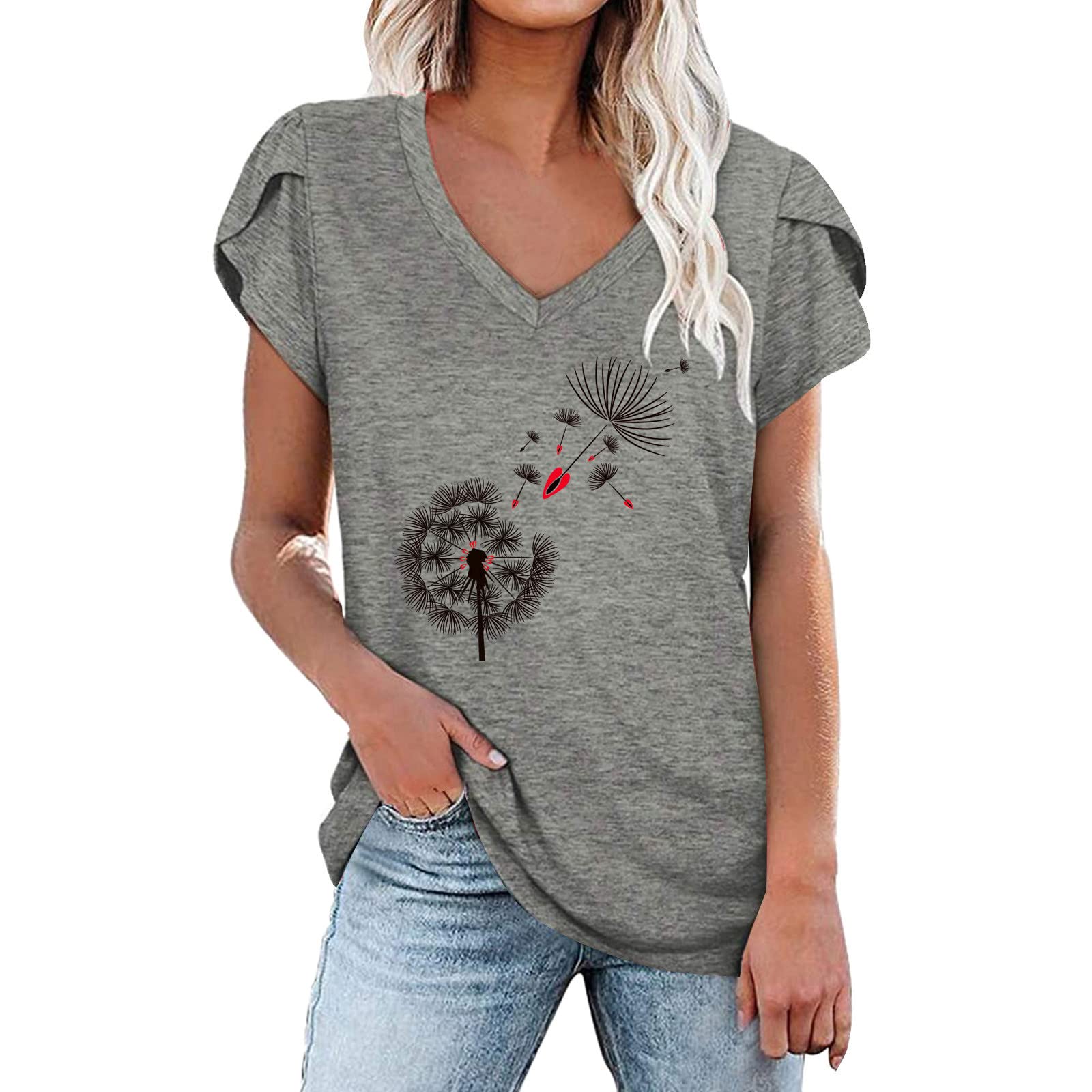 Women's Vintage Dandelion Print V-Neck Tunic T-Shirt - Flowy Petal Sleeve Casual Blouse for Summer | Perfect for Beach Outings, Picnics & Boho Style Outfits