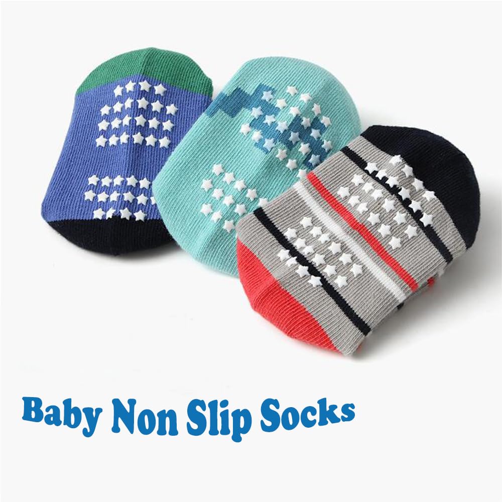 **Non-Slip Baby Boys' Dinosaur Socks - 12 Pack Soft Cotton Crew Socks with Grips for Toddlers & Kids - Perfect for Playtime, School & Daily Wear**