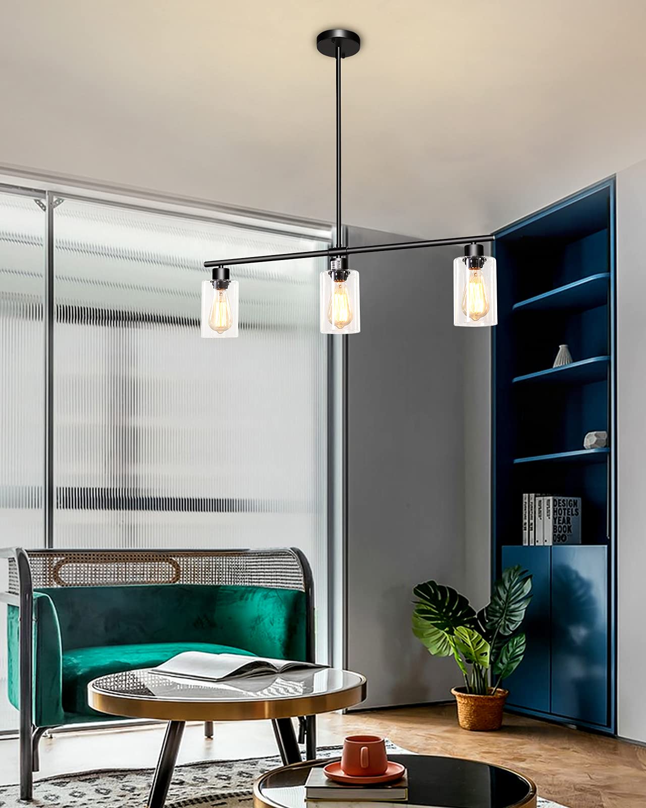 Modern Black Farmhouse Chandelier - 3-Light Pendant Lighting for Kitchen Island, Dining Room & Living Room | Glass Shade Ceiling Hanging Light Fixture | Perfect for Entryway, Foyer & Home Decor