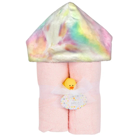 Soft Pastel Rainbow Tie Dye Baby Hooded Towel - Absorbent Cotton Infant Bath Towel with Cute Animal Ears for Newborn, Toddler Bath Time & Beach Outings