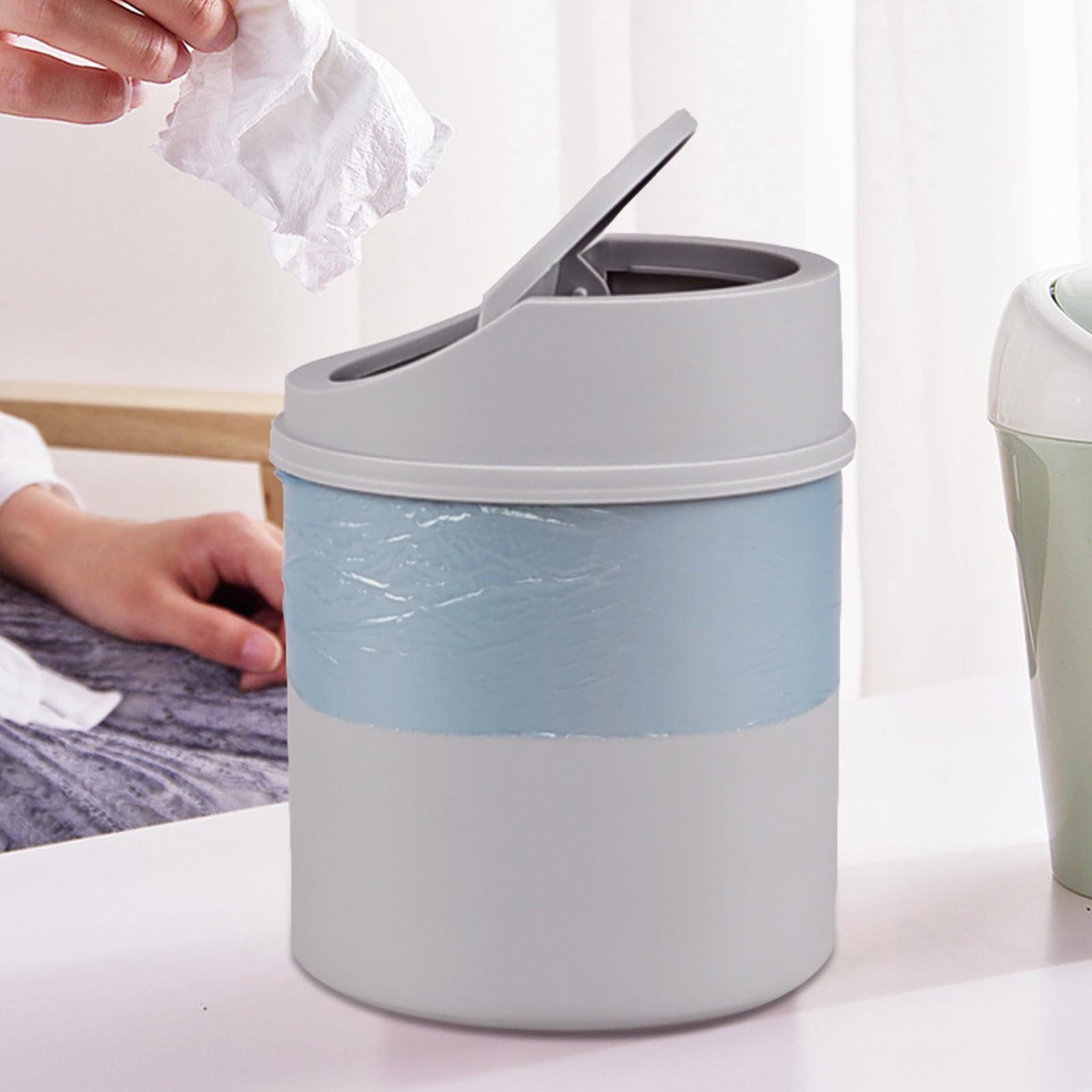 0.5 Gallon Mini Desktop Trash Can with Swing Lid - Small Office Waste Bin for Desk, Bathroom, or Bedroom - Space-Saving Gray Garbage Can for Home & Office Use