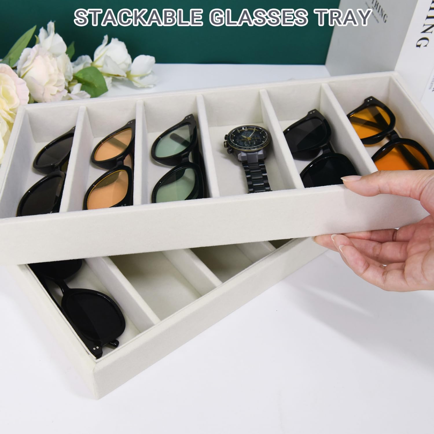 2 Pack Velvet Sunglasses Organizer & Jewelry Tray - Premium Eyeglasses Holder with Soft Velvet Lining for Sunglasses Display, Watch Storage, and Jewelry Organization - Perfect for Dresser Top, Vanity, or Retail Store Display