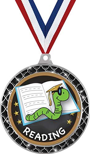 2.5 Inch Black Trellis Reading Medal - Silver Book Worm Trophy Award for Kids | Perfect for Reading Challenges, School Literacy Programs & Student Achievement Recognition
