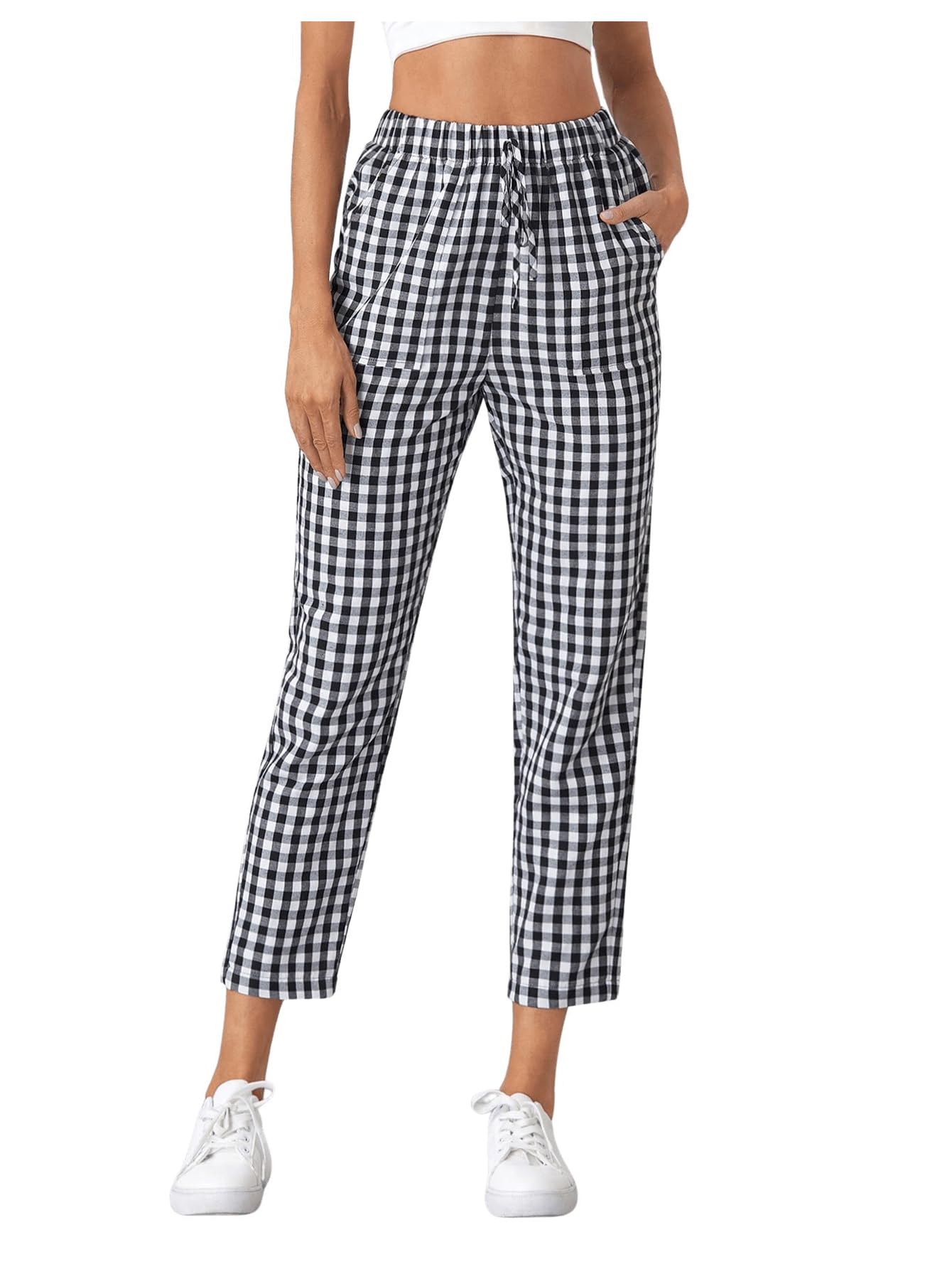 Milumia Women's High Waisted Plaid Pants - Elastic Waist Straight Leg Trousers in Black & White Gingham Print, Size Large | Casual Office Wear & Weekend Outfits