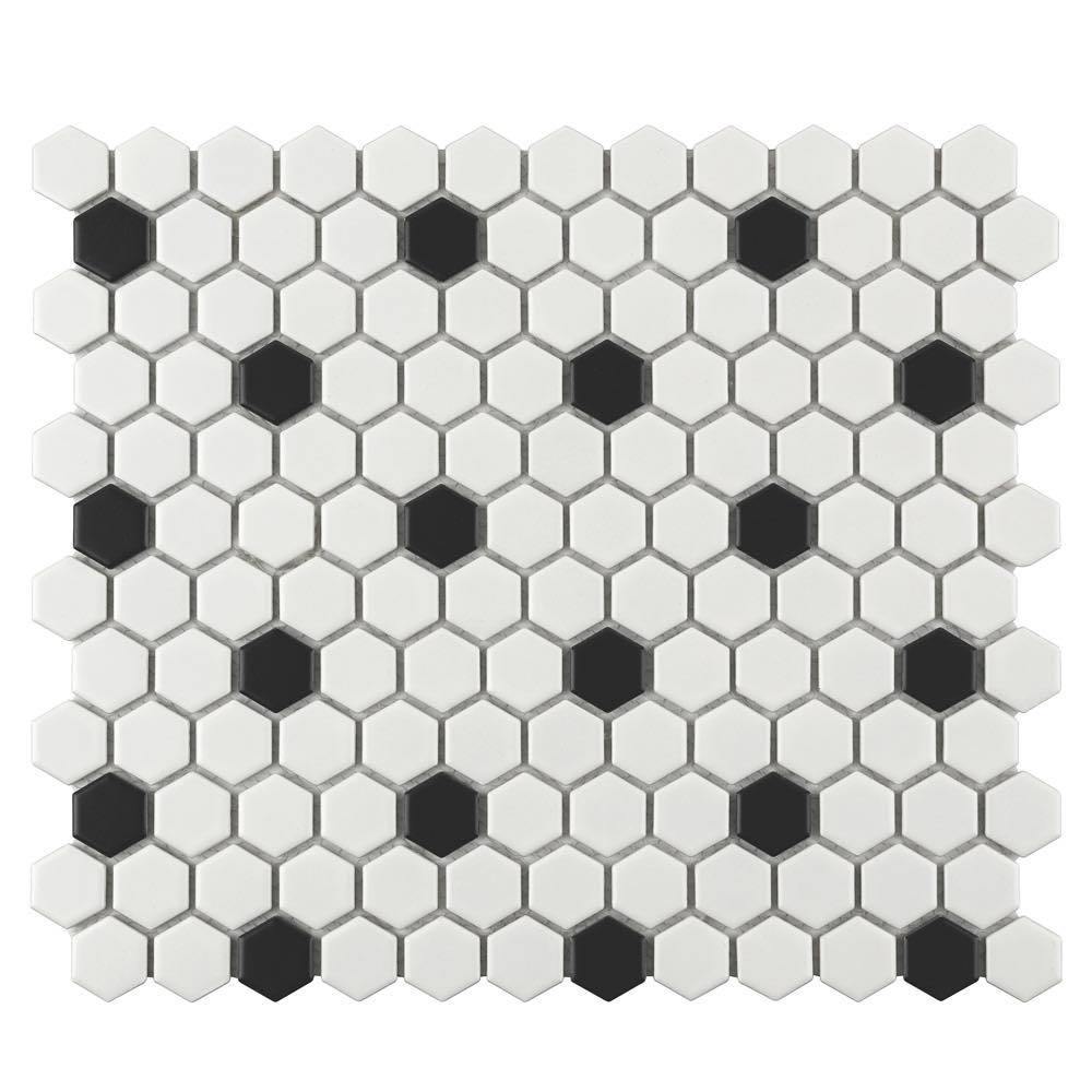 Hexagon Porcelain Mosaic Tile - White and Black Dots Peel and Stick Backsplash for Kitchen, Bathroom, Shower Wall Decor - Waterproof & Easy to Install