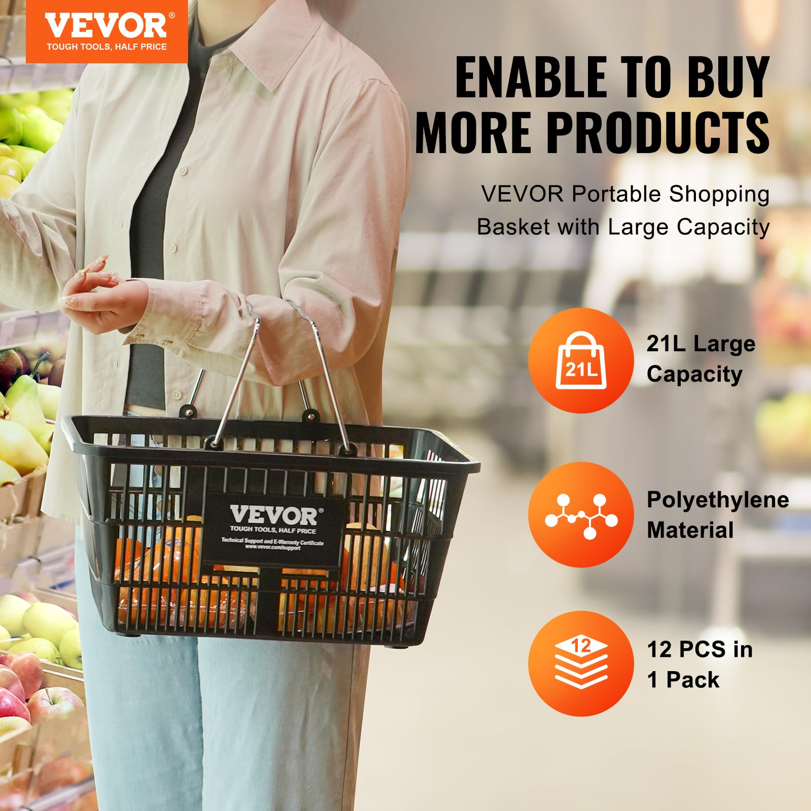 VEVOR 12-Pack 21L Durable Plastic Shopping Baskets with Metal Handles & Stand - 16.73 x 12.01 x 8.58 Inch Portable Grocery Baskets for Retail Stores, Supermarkets & Shopping - Perfect for Quick Checkouts & Organized Displays (Black)