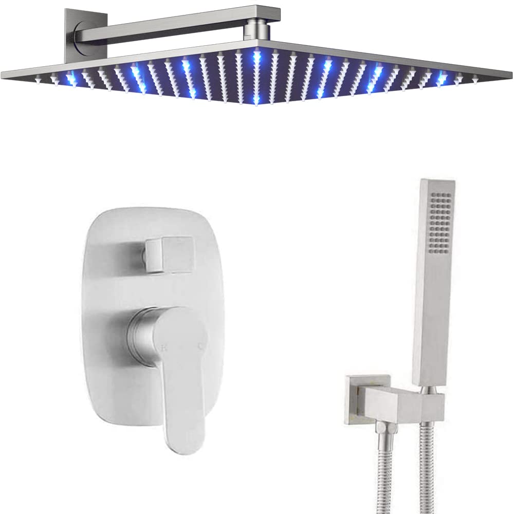 AYIVG 12 Inch LED Square Rainfall Shower Head System - Brushed Nickel & Brass Wall Mounted Shower Set for Modern Bathroom - Perfect for Spa-Like Experience and Luxury Bathroom Upgrade