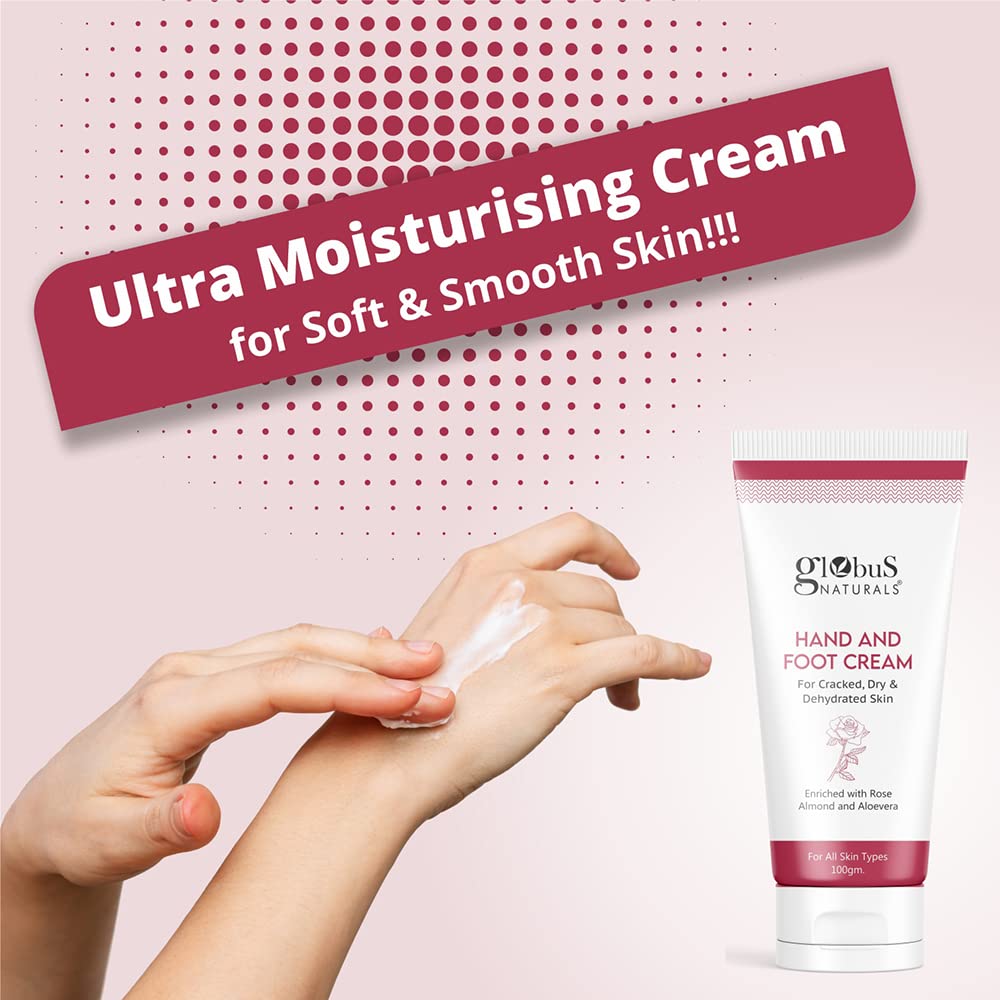 Globus Naturals Nourishing Hand & Foot Cream with Rose & Anantmool - Deep Moisturizer for Dry Skin - All Skin Types - 100g - Perfect for Daily Hydration & Cracked Heel Care