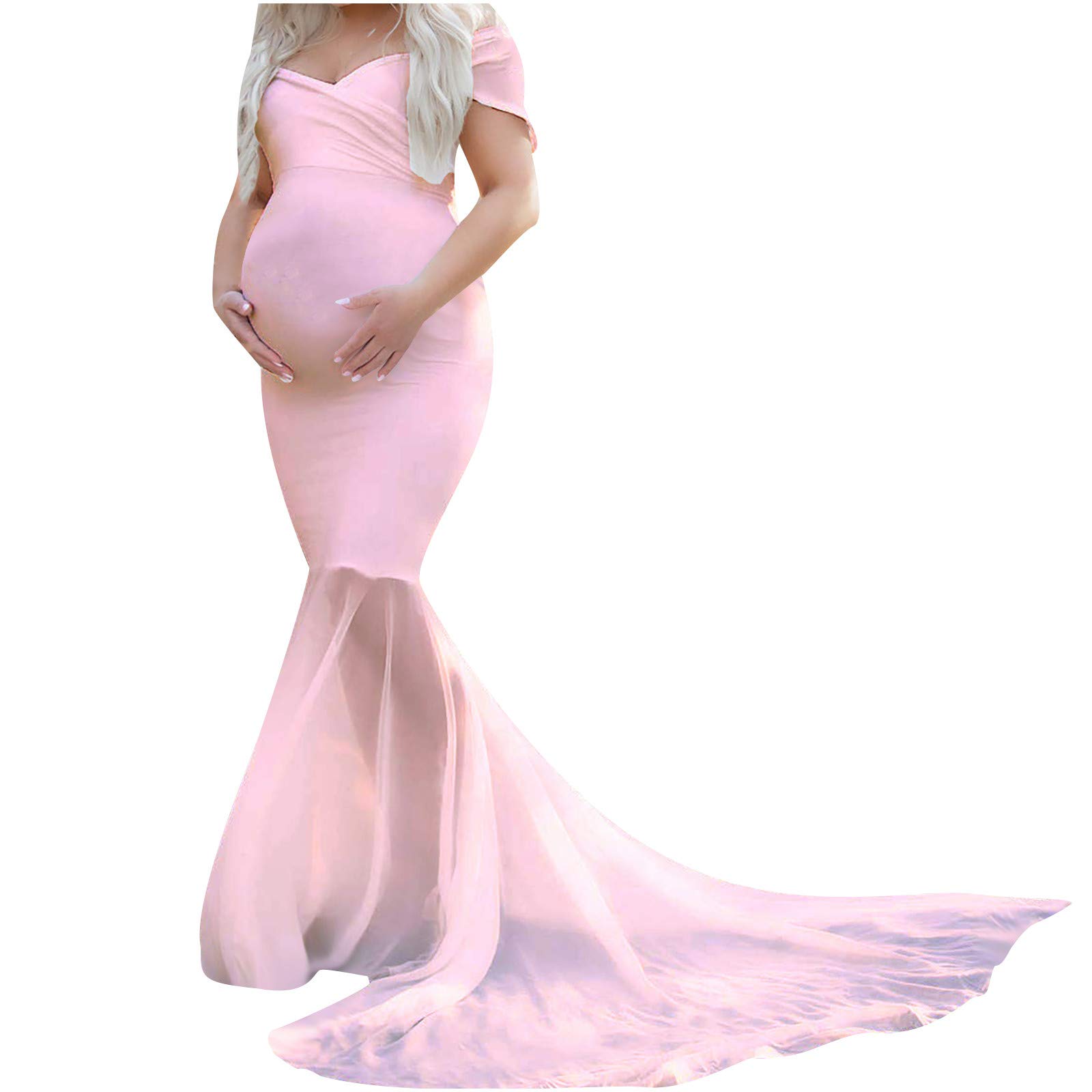 Lucktop Women's Elegant Off Shoulder Maternity Maxi Dress for Photoshoot - Flowy Chiffon Pregnancy Gown for Baby Shower, Wedding & Maternity Photography