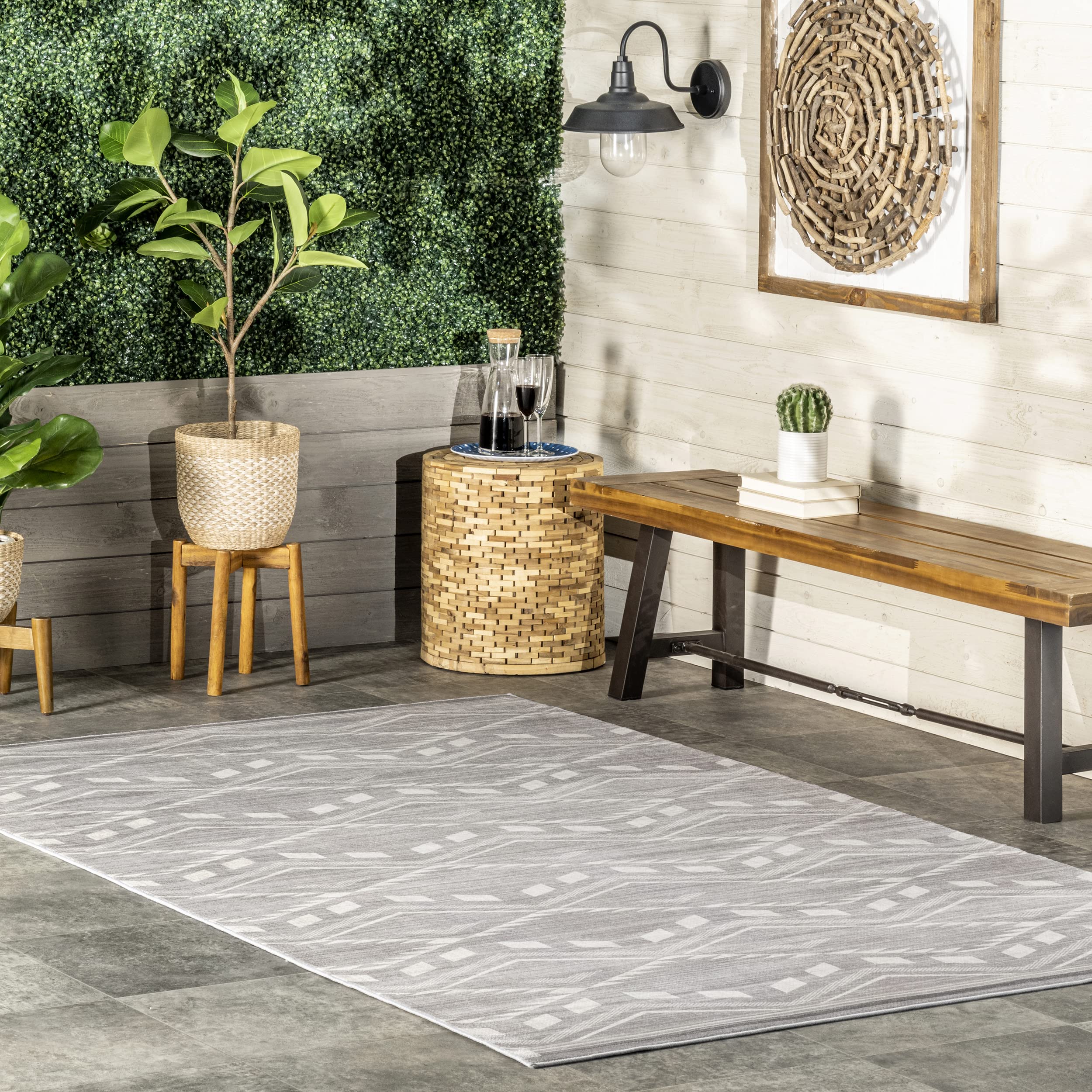 nuLOOM Joni Tribal Machine Washable Indoor/Outdoor Rug 6x9 Feet - Grey Modern Boho Design for Living Room, Bedroom, Patio & Deck Decor