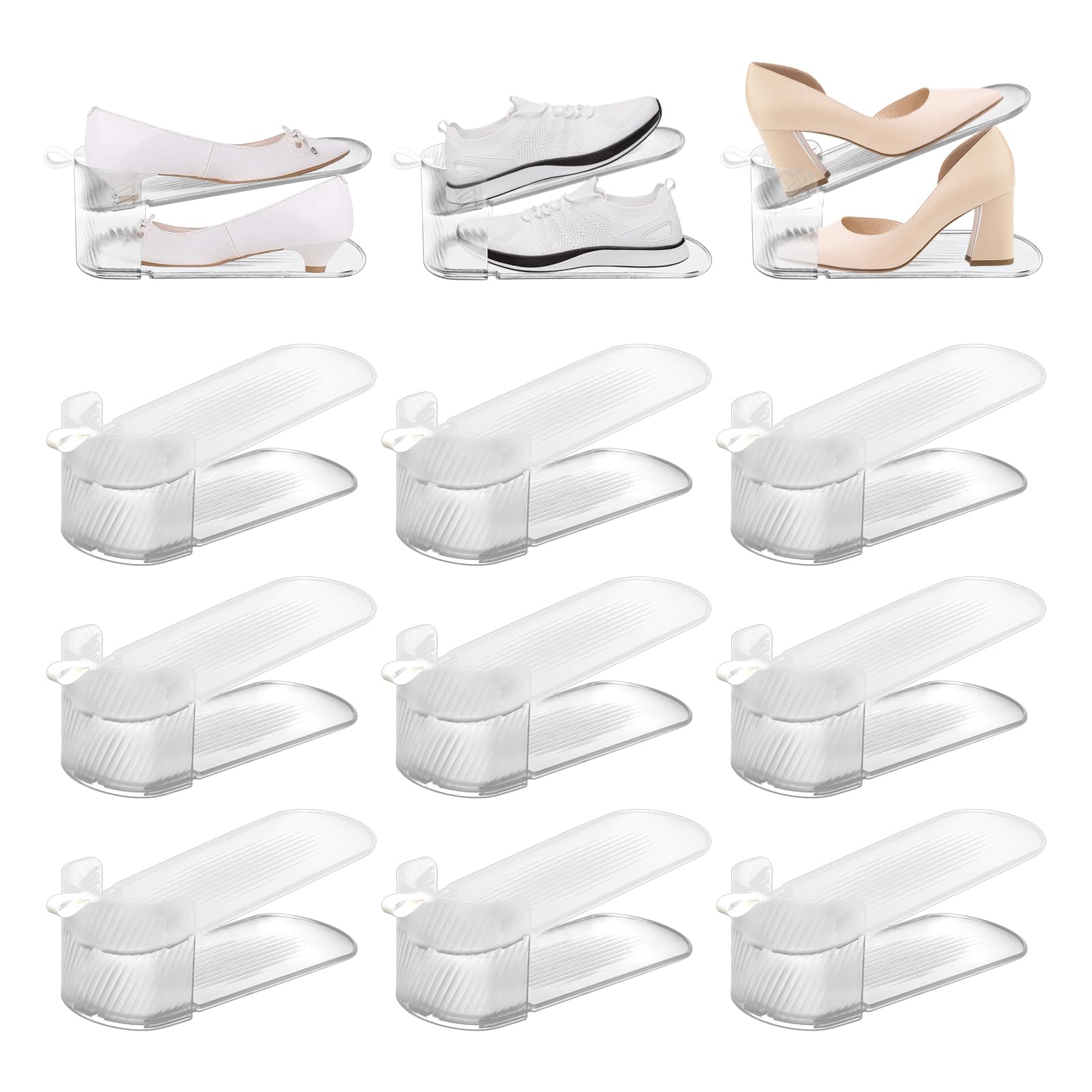 12 Pack Clear Adjustable Shoe Organizer - Double Layer Stackable Shoe Rack for Closet Storage | Space Saving Shoe Holder for Sneakers, Heels & Boots | Perfect for Bedroom, Entryway & Walk-in Closet Organization