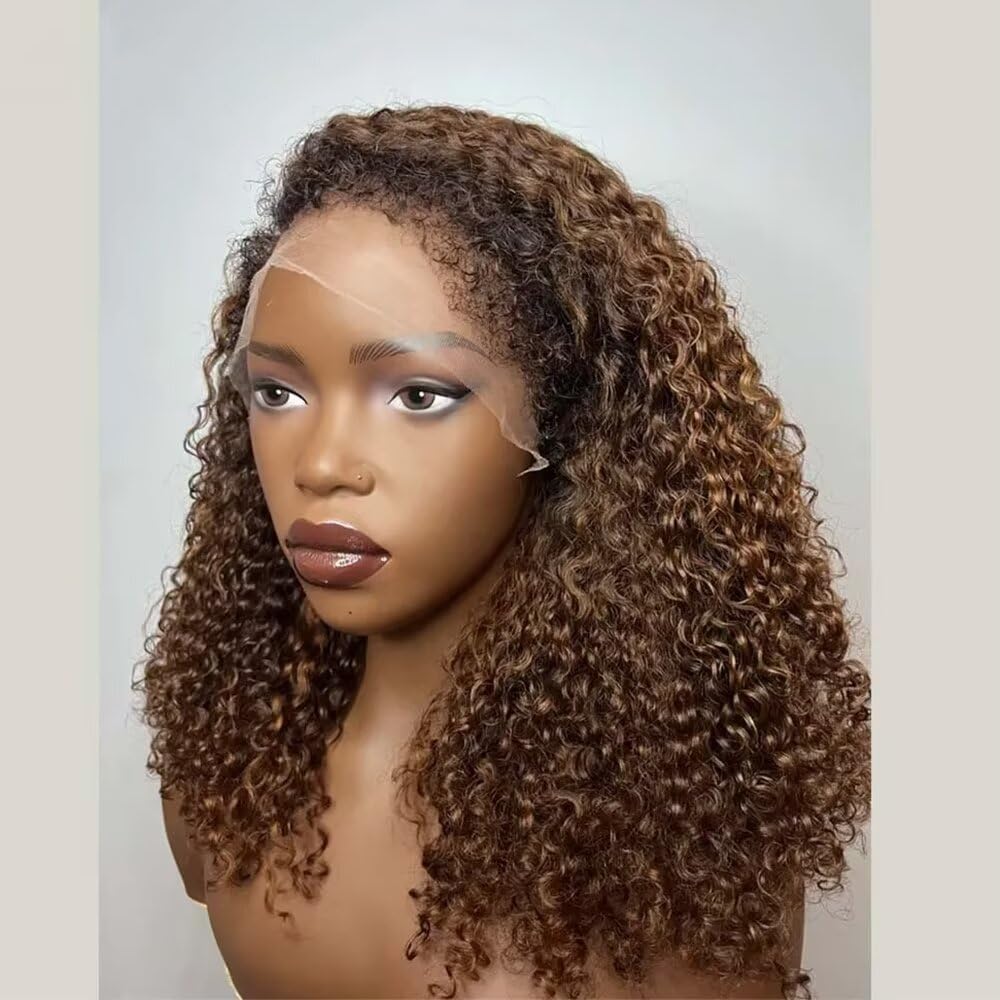 13x4 HD Lace Frontal Human Hair Wig - 4C Kinky Curly 180% Density Ombre Honey Blonde 10 Inch Deep Wave Glueless Wig with Pre-Plucked Baby Hair & Bleached Knots | Perfect for Protective Styling, Daily Wear & Special Occasions