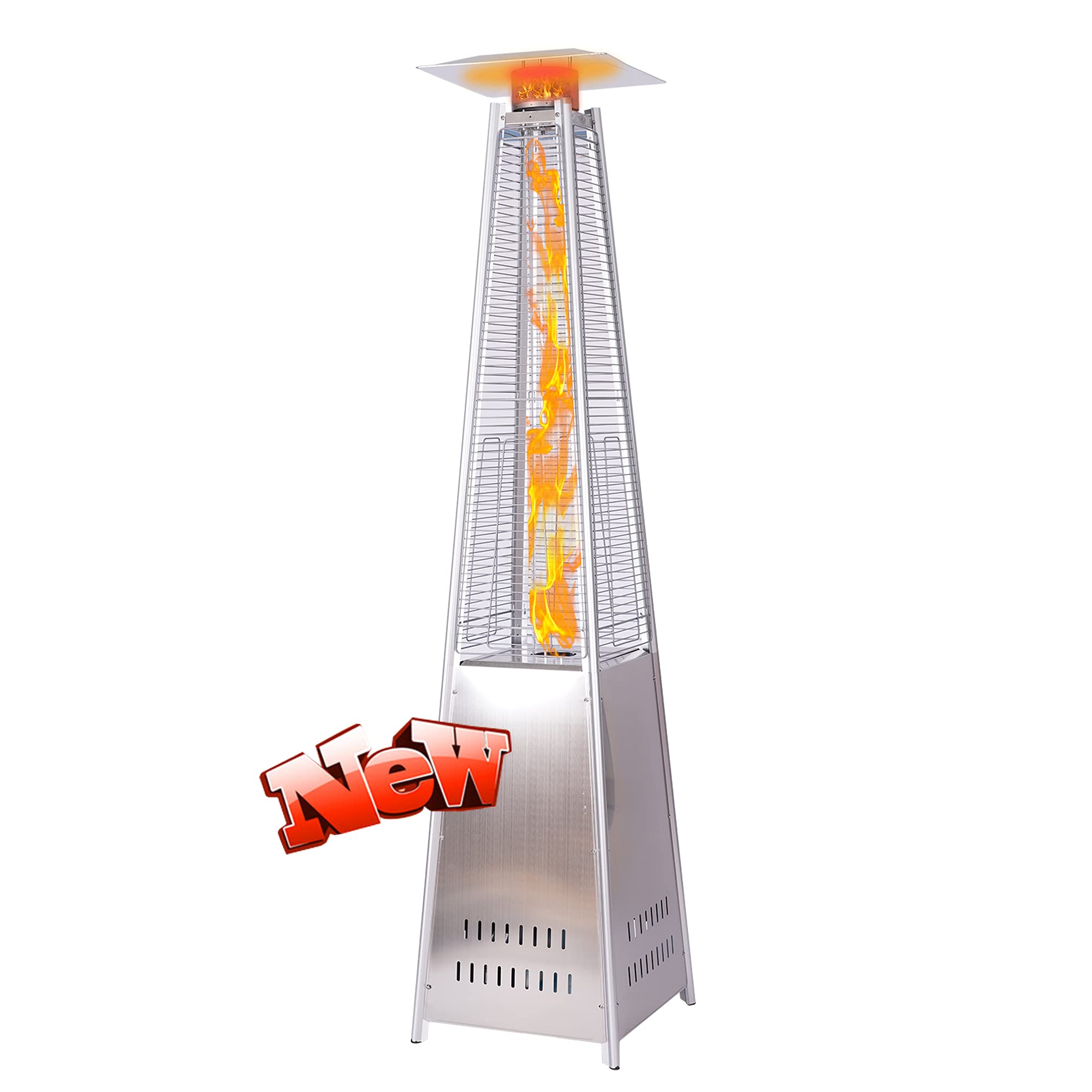 Upgraded 46,000 BTU Outdoor Propane Heater - Portable Pyramid Gas Space Heater with Wheels, Auto Shut Off & Adjustable Temperature - Silver Patio Standing Flame Heater for Backyard, Deck, Camping & Outdoor Events