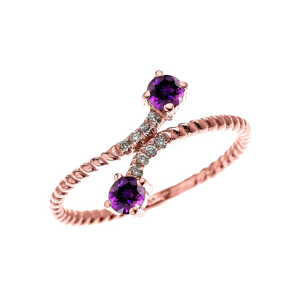 10K Rose Gold Dainty Diamond & Two Stone Amethyst Rope Design Ring for Women - Elegant Jewelry Gift for Anniversary, Valentine's Day & Special Occasions