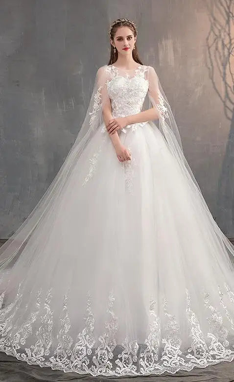 Elegant Long Sleeve Lace Wedding Dress with Long Train & Embroidery - Plus Size Princess Bridal Gown for Church, Beach, or Ballroom Ceremonies