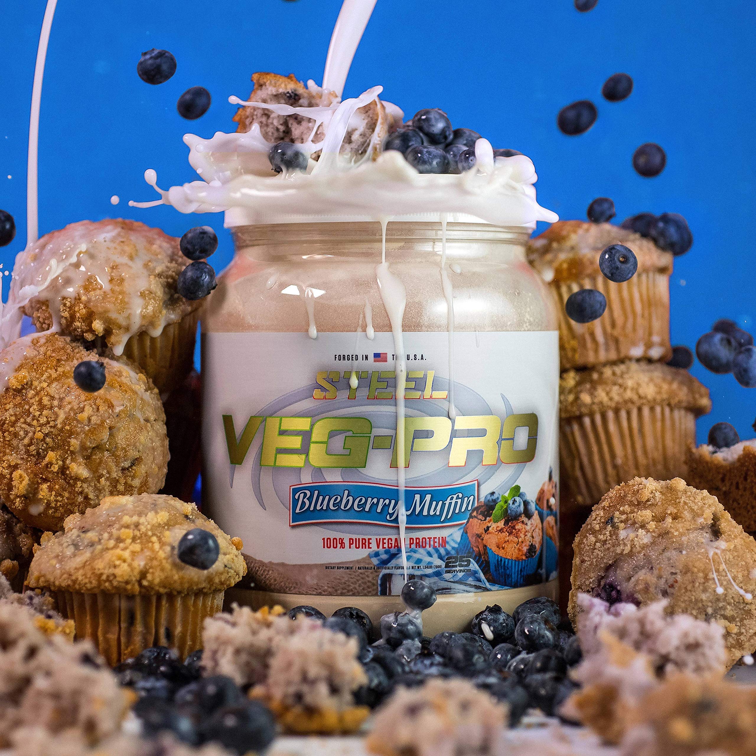 Steel Supplements Veg-PRO Vegan Protein Powder - Blueberry Muffin Flavor | Organic Pea Protein, Gluten Free, Dairy Free, Soy Free, Non GMO with BCAA Amino Acids (25 Servings, 1.65lbs) - Perfect for Post-Workout Recovery & Muscle Building