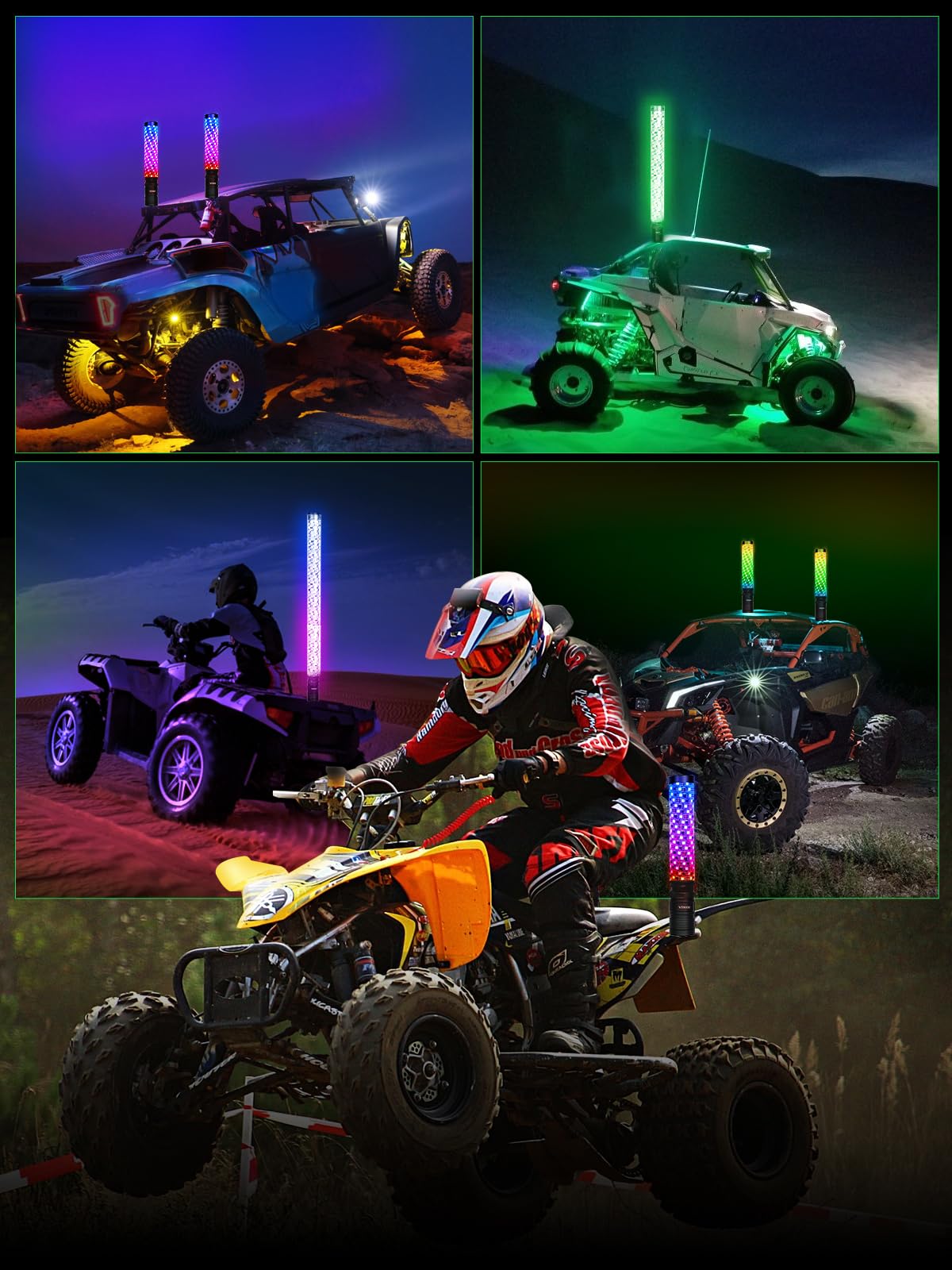 2 Pack 2FT Fat LED Whip Lights with App & Remote Control - RGB Spiral Chasing Lighted Antenna Whips for UTV ATV RZR Can-Am X3 Off-Road Vehicles - Perfect for Night Riding, Off-Road Adventures & Camping