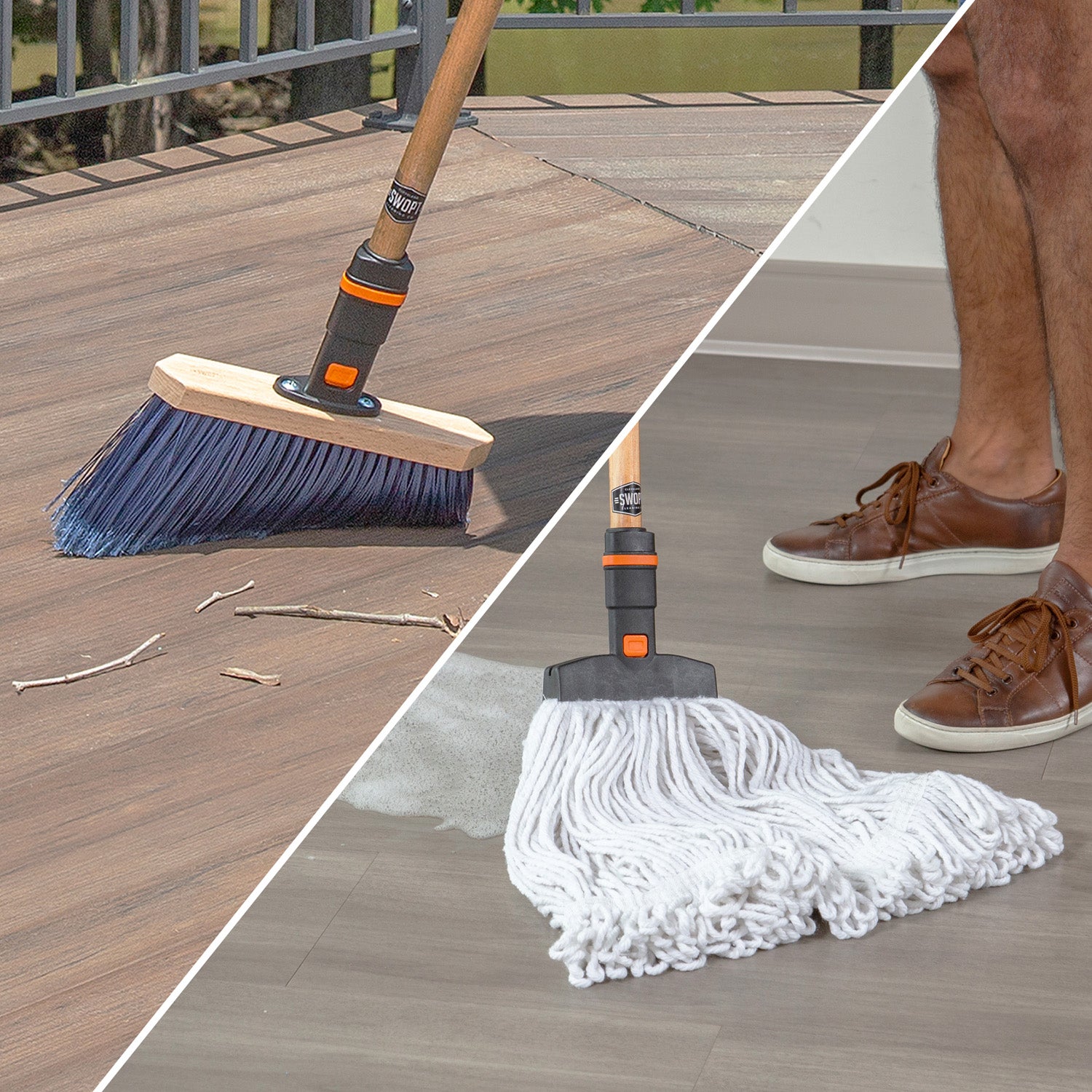 Premium Angle Broom Head and Cotton Mop Head Bundle with 2 Handles - Heavy Duty Cleaning Set for Floors, Tiles, and Hardwood - Perfect for Home, Kitchen, and Office Cleaning