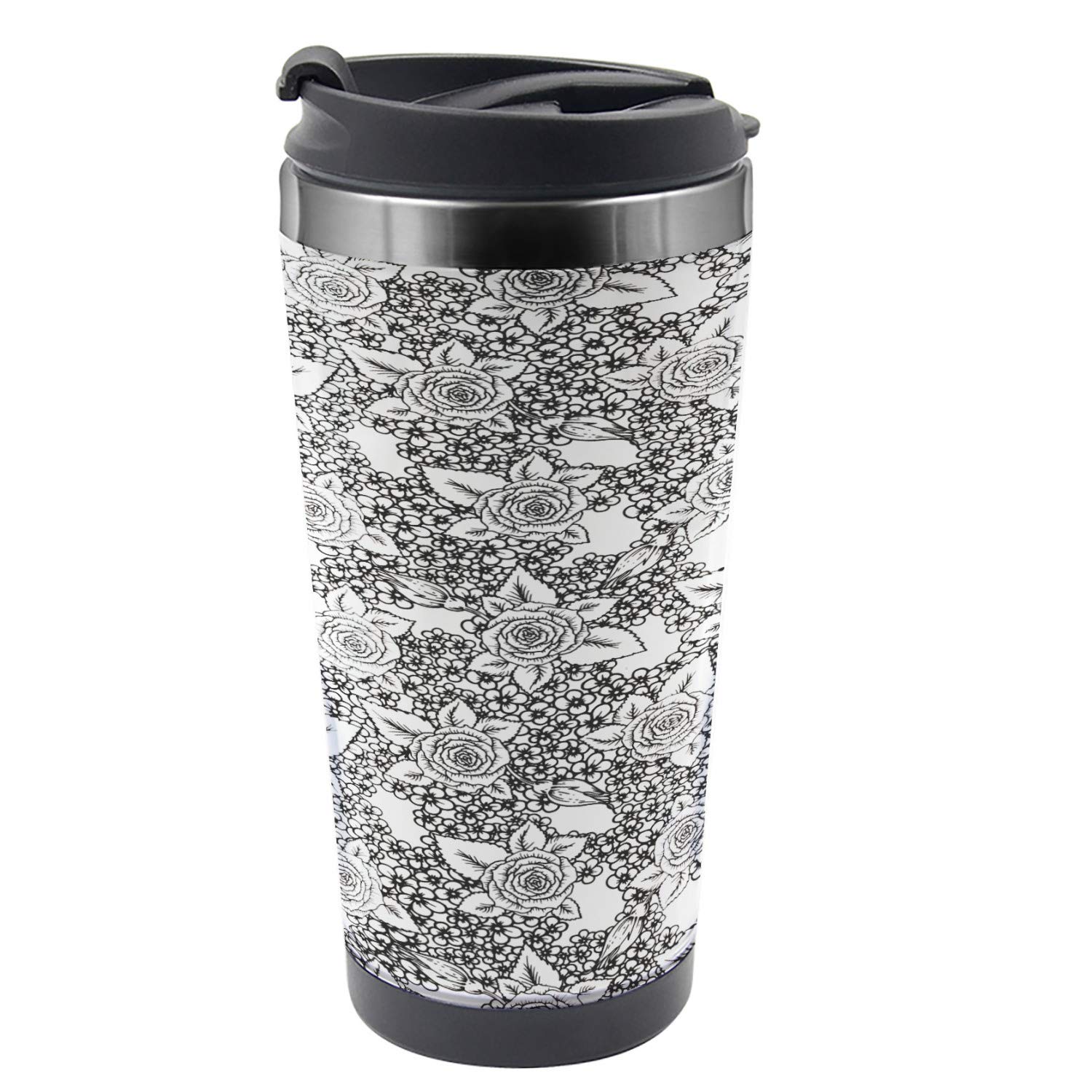 Ambesonne Rose Travel Mug - 16 oz Stainless Steel Thermal Cup with Monochrome Floral Design, White & Black - Perfect for Coffee, Tea, and Hot Drinks On The Go