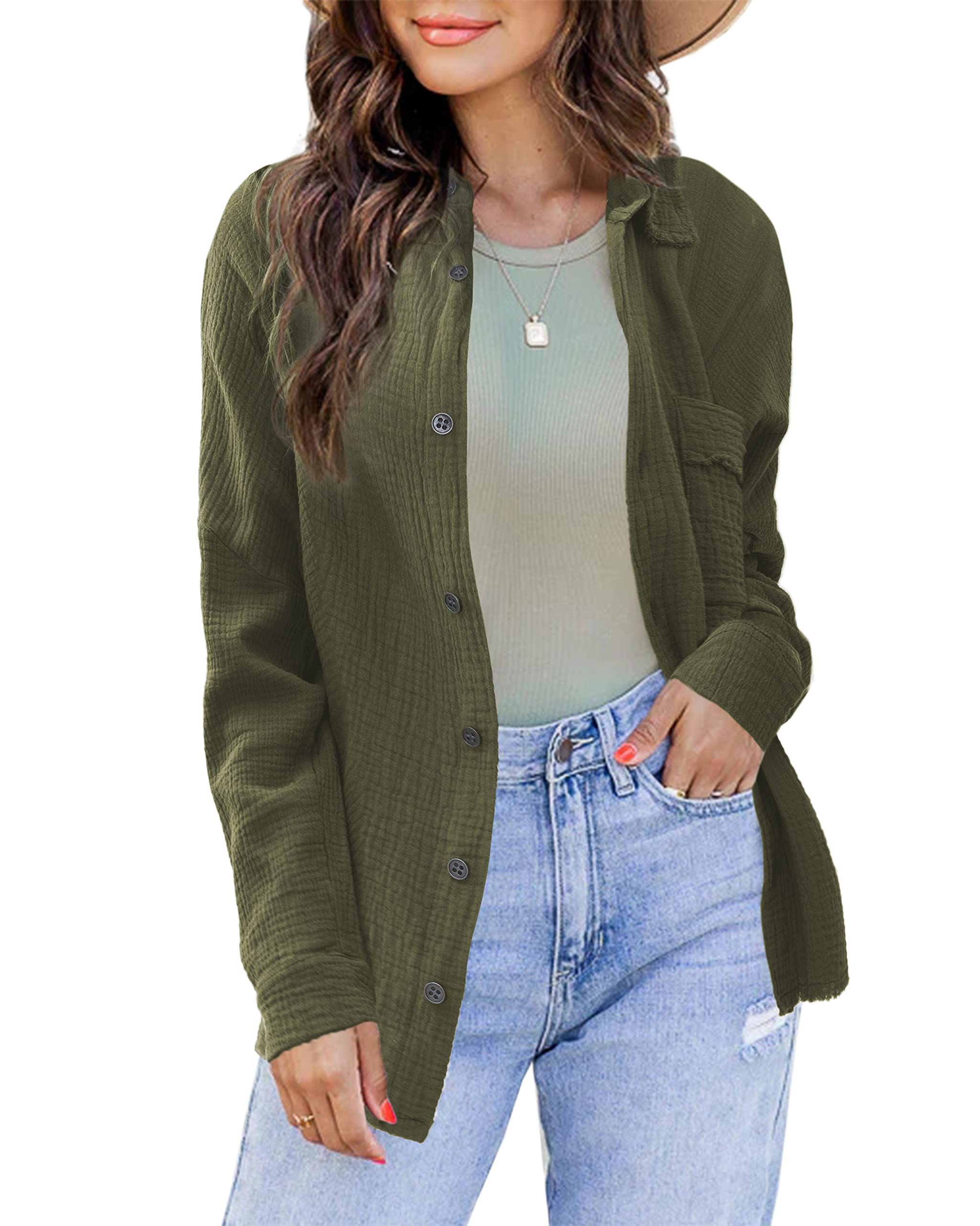 iGENJUN Women's Long Sleeve Linen Flannel Shirt Jacket - Button Down Shacket for Fall Fashion 2024 | Casual Office Wear & Autumn Layering Outfits
