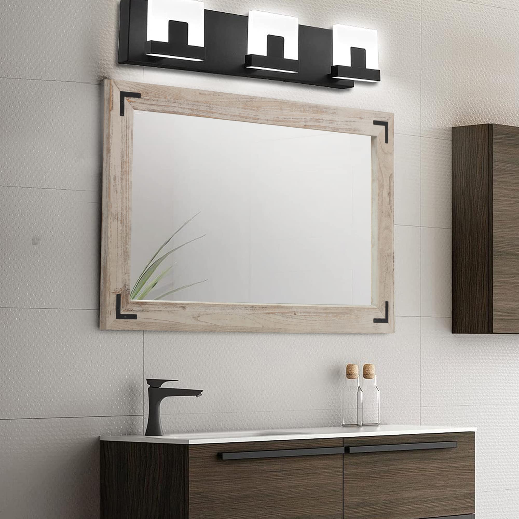 YOSHOOT Rustic Wooden Framed Wall Mirror - Natural Farmhouse Bathroom Vanity Mirror with Vertical/Horizontal Hanging (40x26 Inch, White Grey) - Perfect for Bathroom Decor, Bedroom Accent & Farmhouse Style Living Rooms