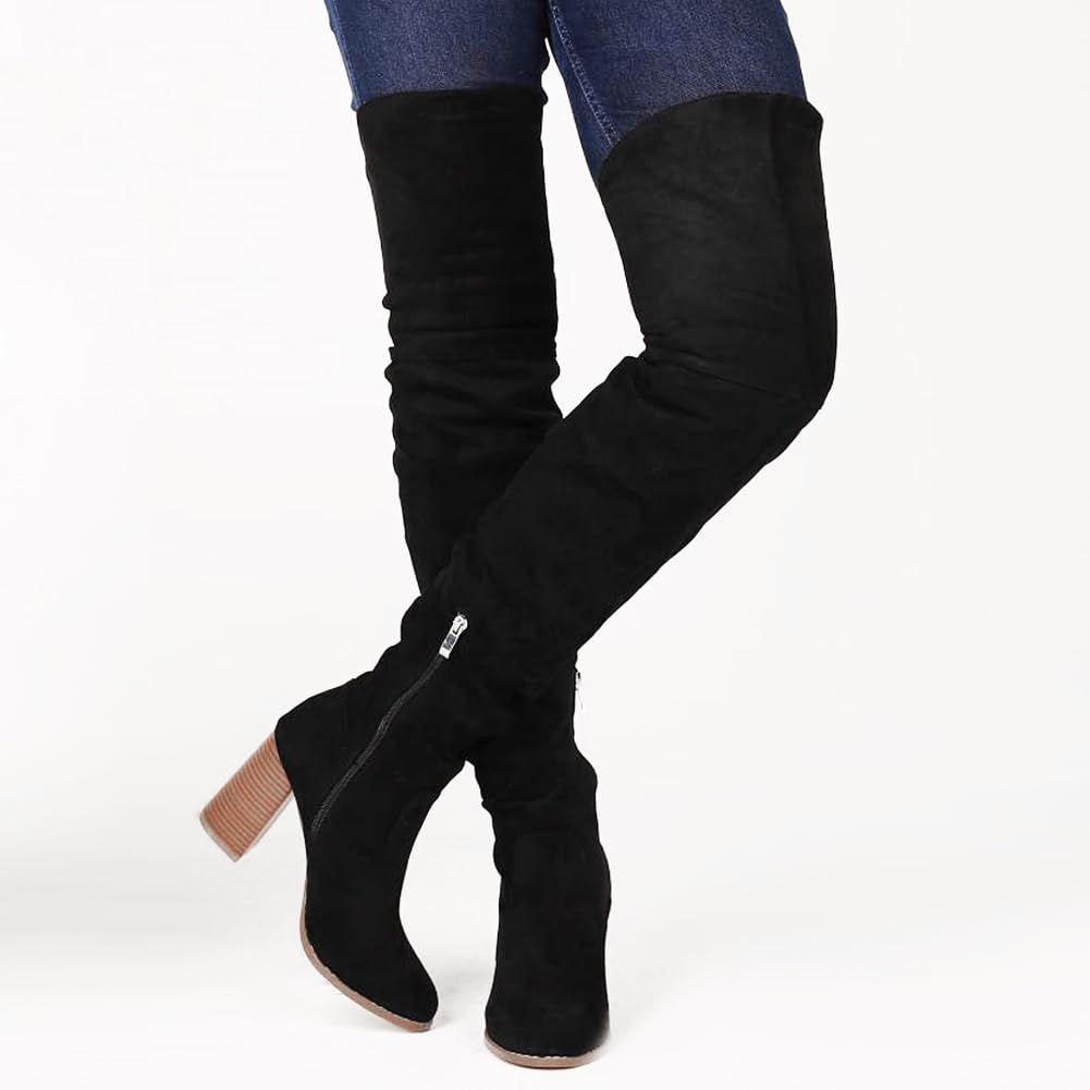 Mattiventon Women's Over The Knee Boots - Stretch Suede Thigh High Boots with Block Heels & Side Zipper | Fashionable Chunky Heel Boots for Party, Date Night & Winter Outfits