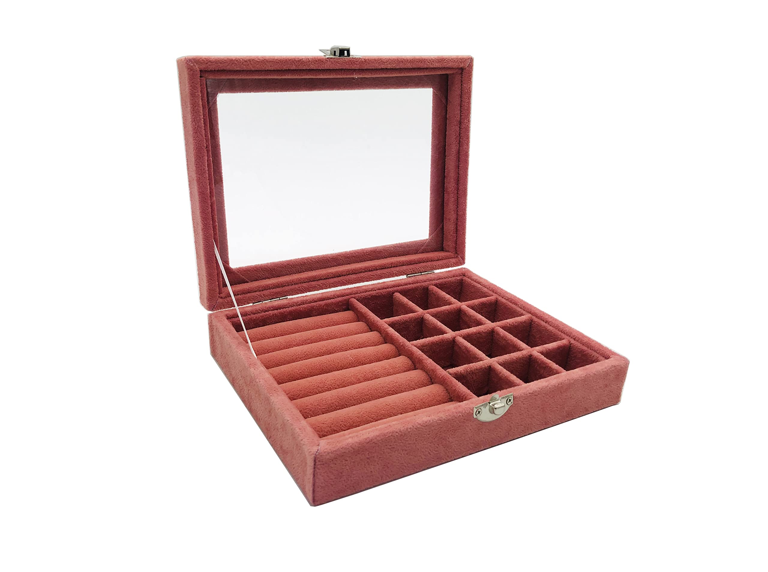 Elegant Pink Velvet Jewelry Box with Clear Glass Lid - Jewelry Organizer for Rings, Necklaces & Earrings - Perfect Gift for Women & Girls - Ideal for Travel, Home & Wedding Jewelry Storage