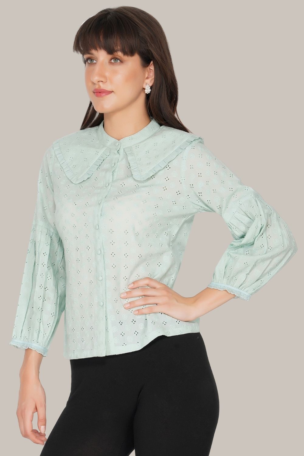 Pastel Green Jerri Cotton Embroidered Shirt for Women - Casual Boho Blouse for Spring & Summer Outfits, Beach Vacations, and Date Nights