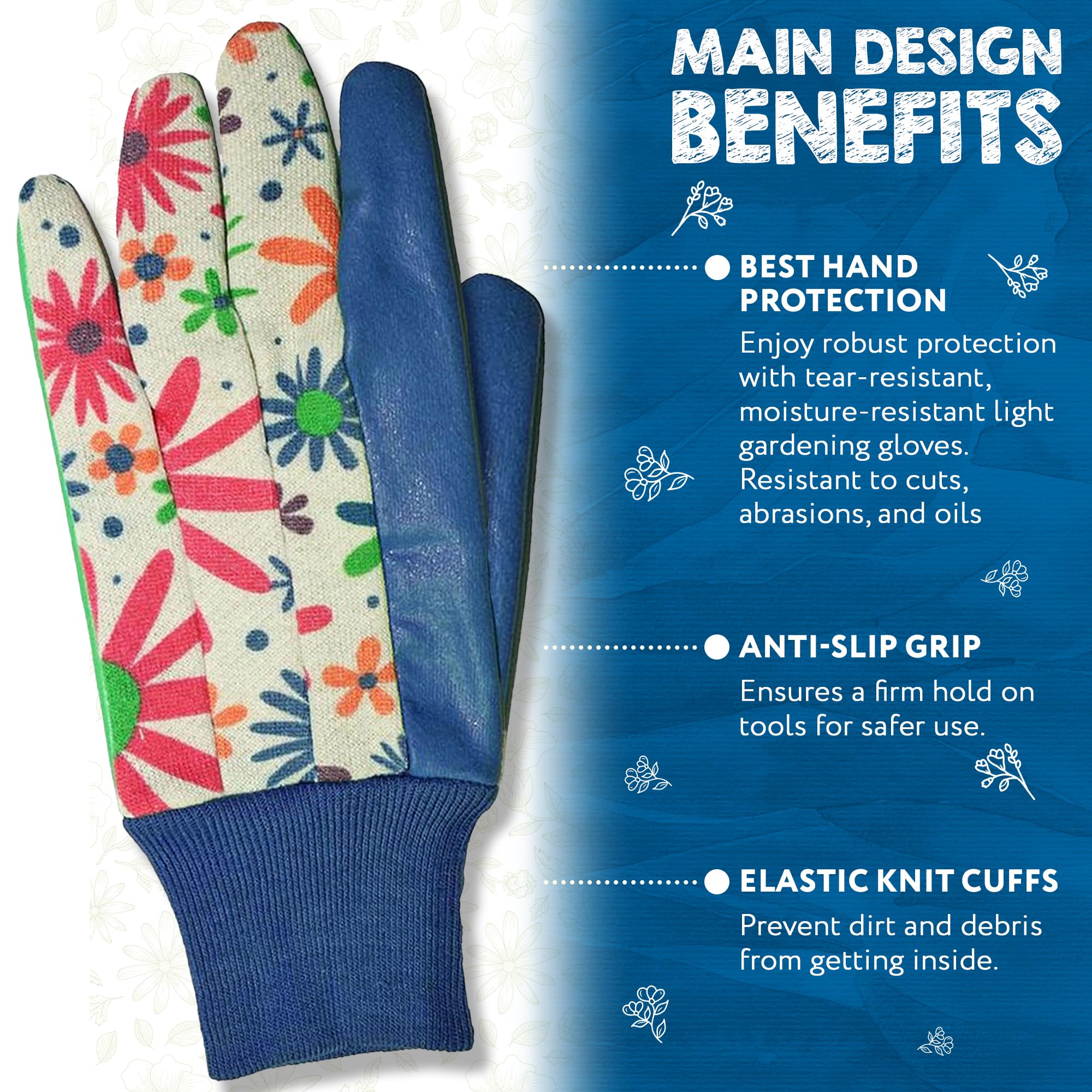 Floral Gardening Gloves for Women - 6 Pairs Cotton Work Gloves with Knit Wrist, 9 Inch - Perfect for Planting, Weeding & Outdoor Yard Work - Great Gardening Gifts for Mom, Wife & Her