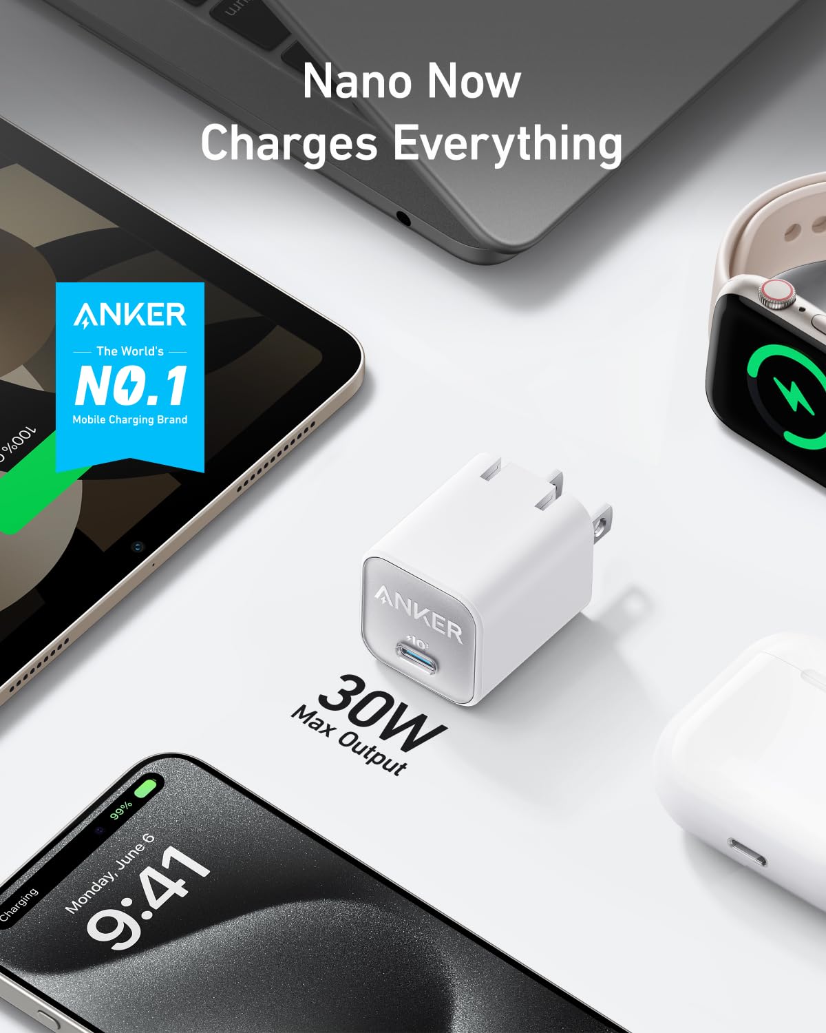 Anker Nano 30W USB C GaN Fast Charger with PIQ 3.0 & PPS Technology - Compact Foldable Wall Charger for iPhone 16/15/14/13, Samsung Galaxy S23/S22, iPad Pro/Air - Perfect for Travel, Office & Home Charging