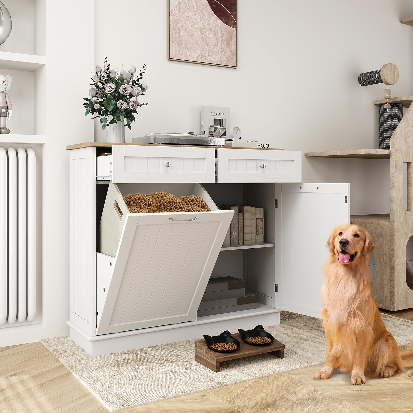 Tilt Out Trash Cabinet - White Kitchen Island with 2 Drawers, Adjustable Shelf & Rubber Wood Countertop | Freestanding Laundry Hamper & Pet Proof Garbage Can Holder with Recycle Bins | Perfect for Small Kitchens, Laundry Rooms & Pet-Friendly Homes