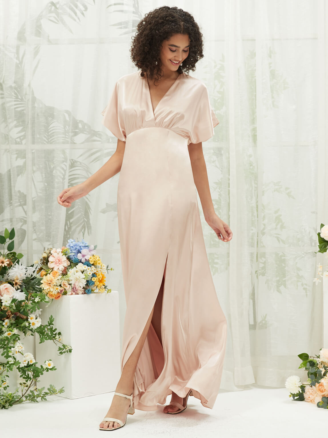 Elegant Champagne V-Neck Short Sleeve Satin Maxi Bridesmaid Dress with High Slit - Perfect for Weddings, Formal Events & Evening Parties