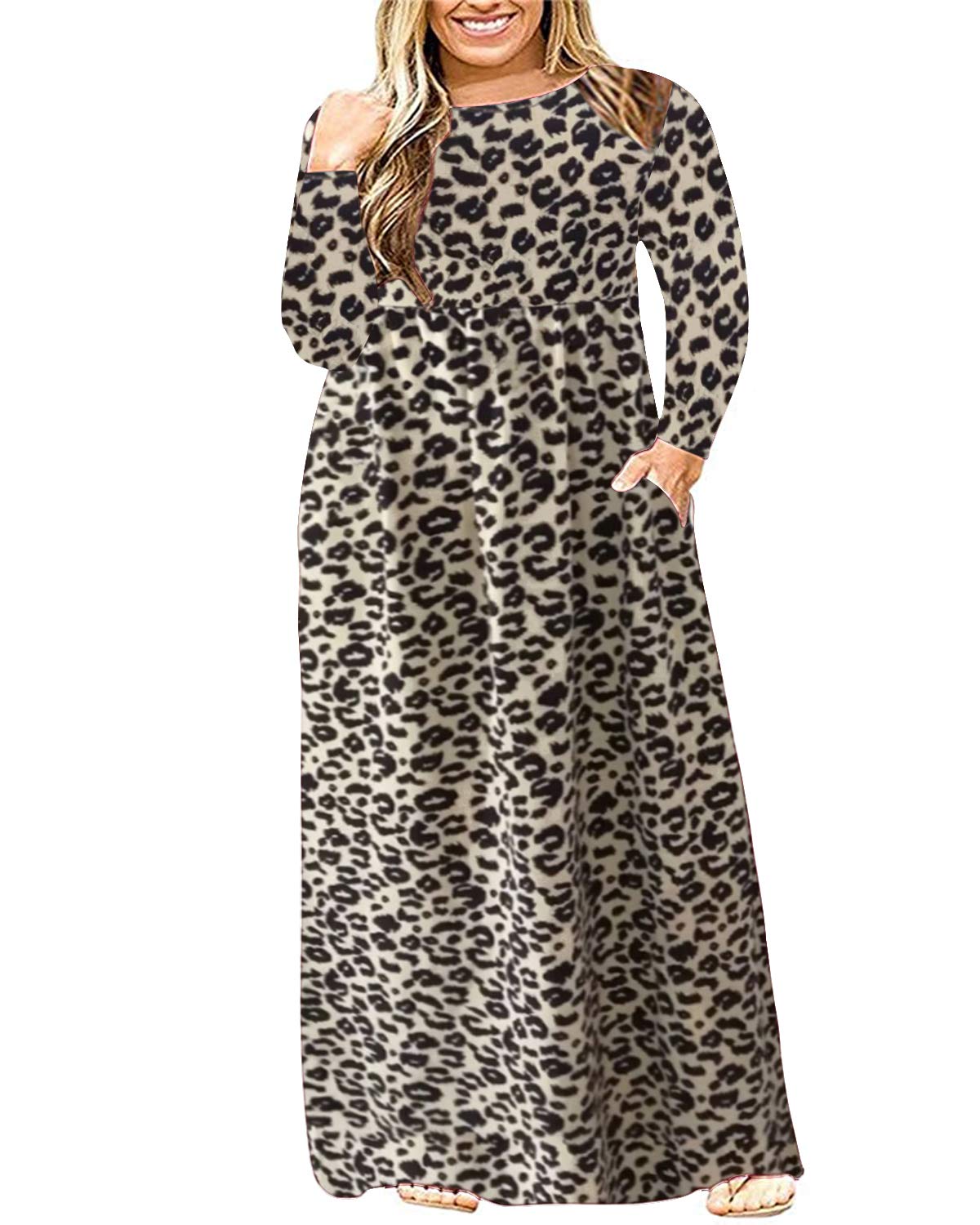 KARALIN Plus Size Women's Long Sleeve Maxi Dress - Loose Fit Casual Plain Dress with Pockets | Perfect for Everyday Wear, Office, and Special Occasions