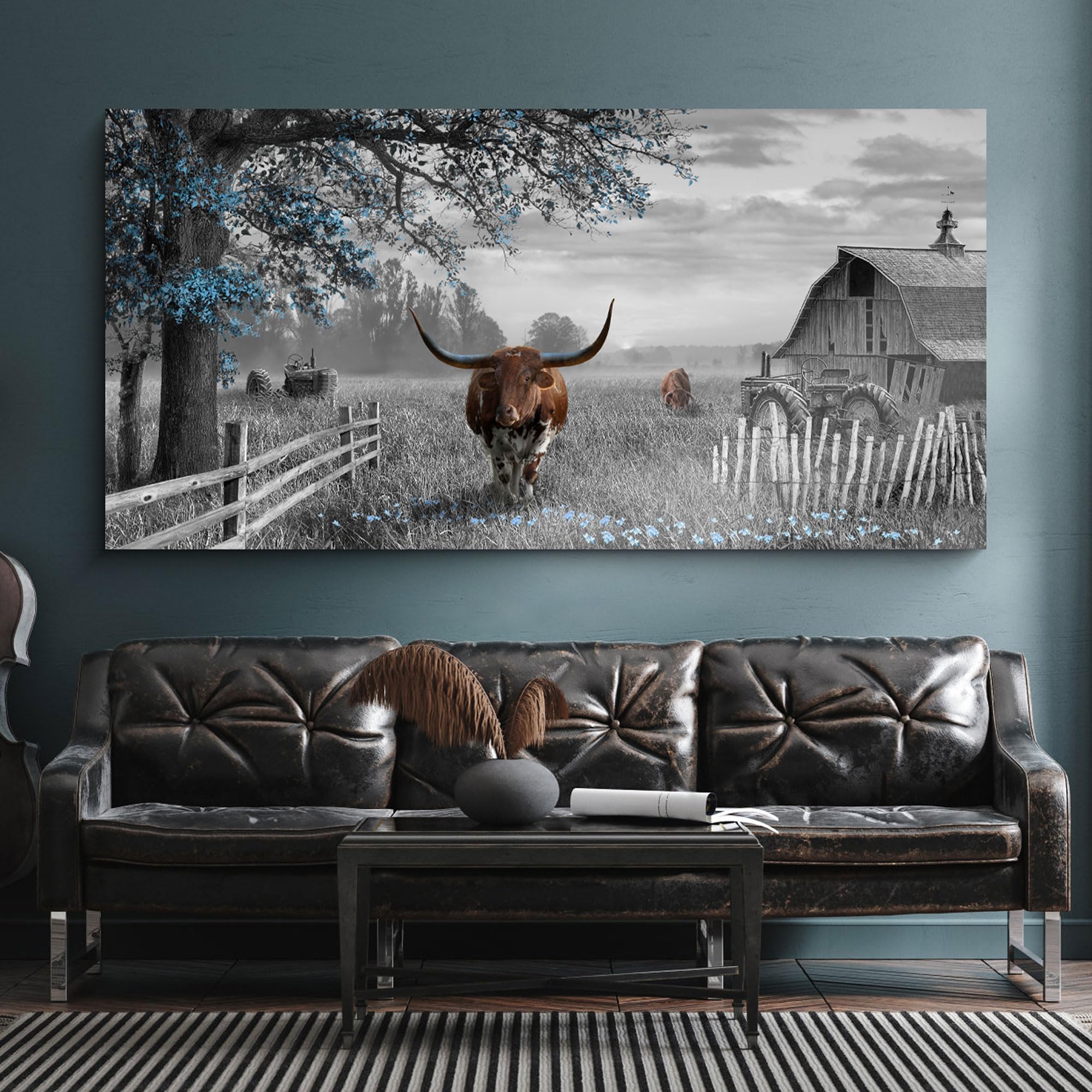 Yiijeah Western Cow Picture Wall Decor - 24x48 Inches Rustic Longhorn Canvas Framed Artwork for Living Room & Bedroom - Farmhouse Style Home Decor Perfect for Western Themed Spaces, Ranch Houses, and Country Style Interiors