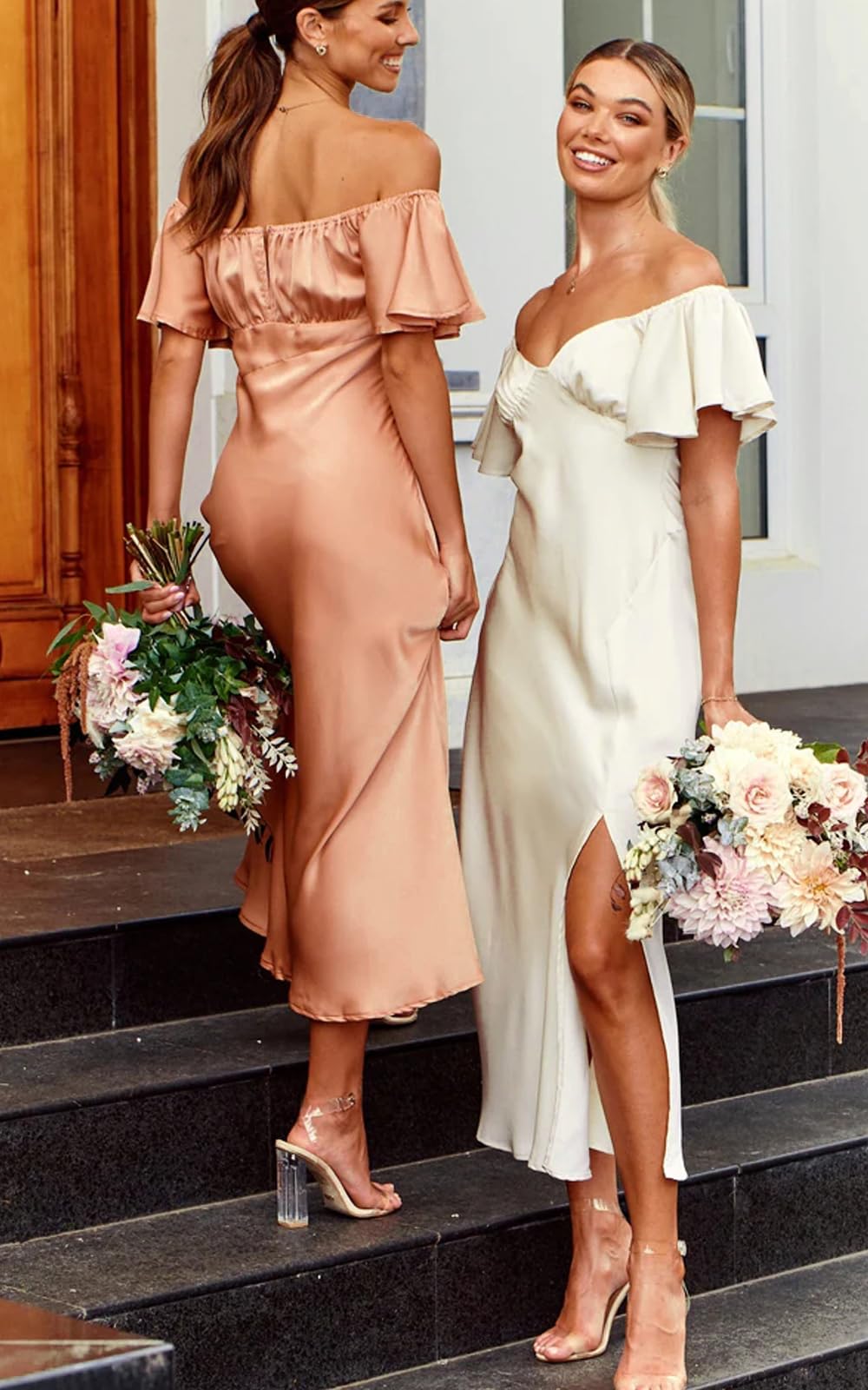 2025 Summer Women's Satin Off Shoulder Formal Dress - Elegant Butterfly Sleeve Cocktail Midi Dress for Wedding Guest, Prom & Special Occasions | Split Design for Comfort & Style