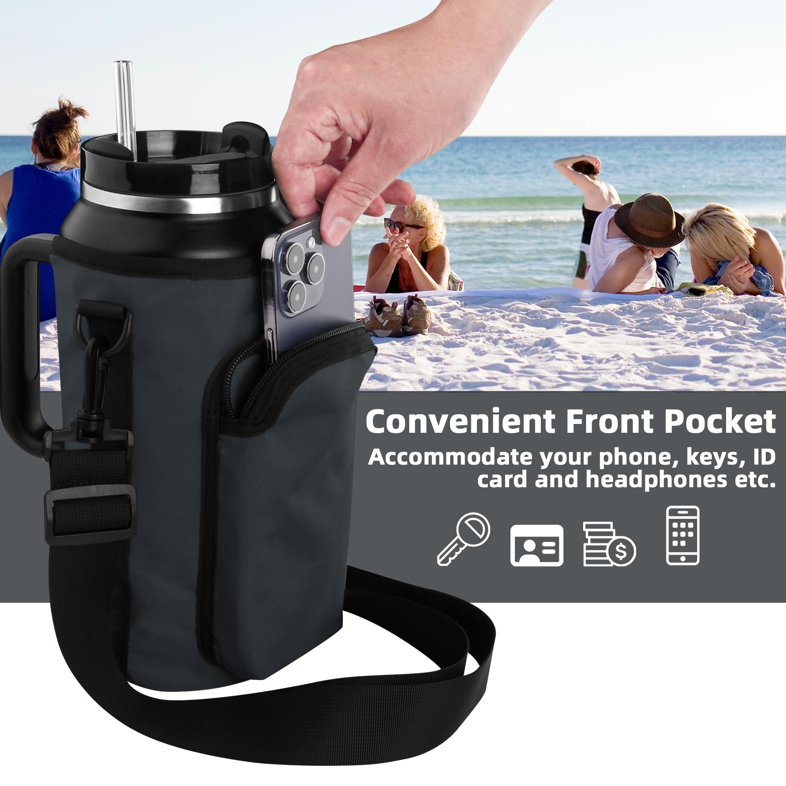 Stanley Cup Water Bottle Carrier Bag with Phone Pocket - Adjustable Strap for 30/40/64oz Tumblers - Nylon Bottle Holder Pouch with Handle - Perfect for Gym, Hiking, Travel & Outdoor Activities