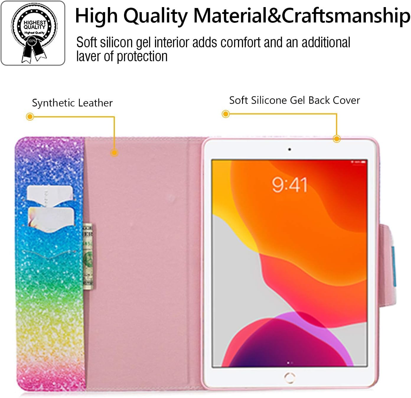 Dteck Slim PU Leather Multi-Angle Folio Stand Case for iPad 10.2 inch (7th/8th/9th Generation 2020/2021/2019 Model) - Auto Wake/Sleep, Pencil Holder, Rainbow Sand Design | Perfect for Work, Study & Travel Protection