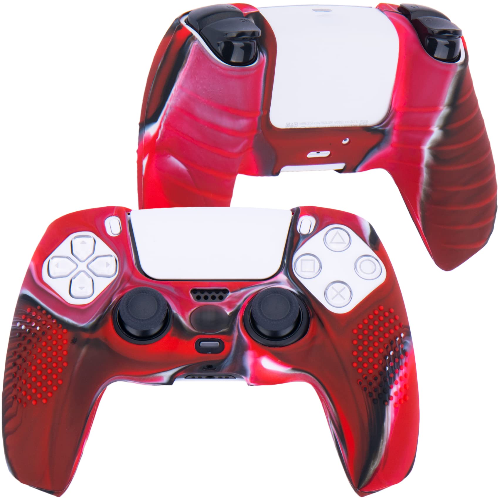 YoRHa Studded Silicone Rubber Gel Custom Skin Cover for PS5 DualSense Controller (2-Pack - Camouflage Red & Green) with 10 Pro Thumb Grips - Enhanced Grip & Protection for Gaming, Streaming & Esports