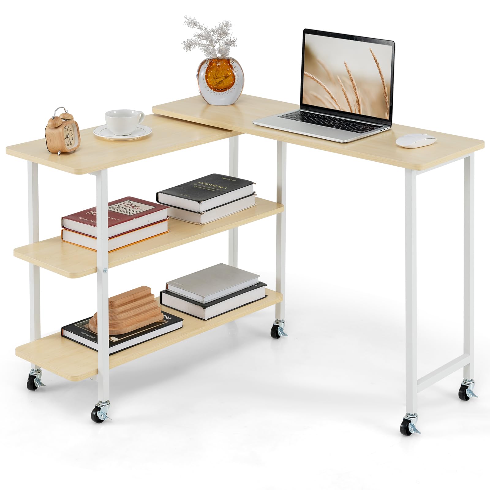 Tangkula 360° Rotating Side Table with 2-Tier Storage - Patented Mobile End Table with Lockable Casters & Metal Frame - Swivel Rolling Desk for Living Room, Bedroom, Office - Perfect as Laptop Table, Couch Snack Table, or Nightstand